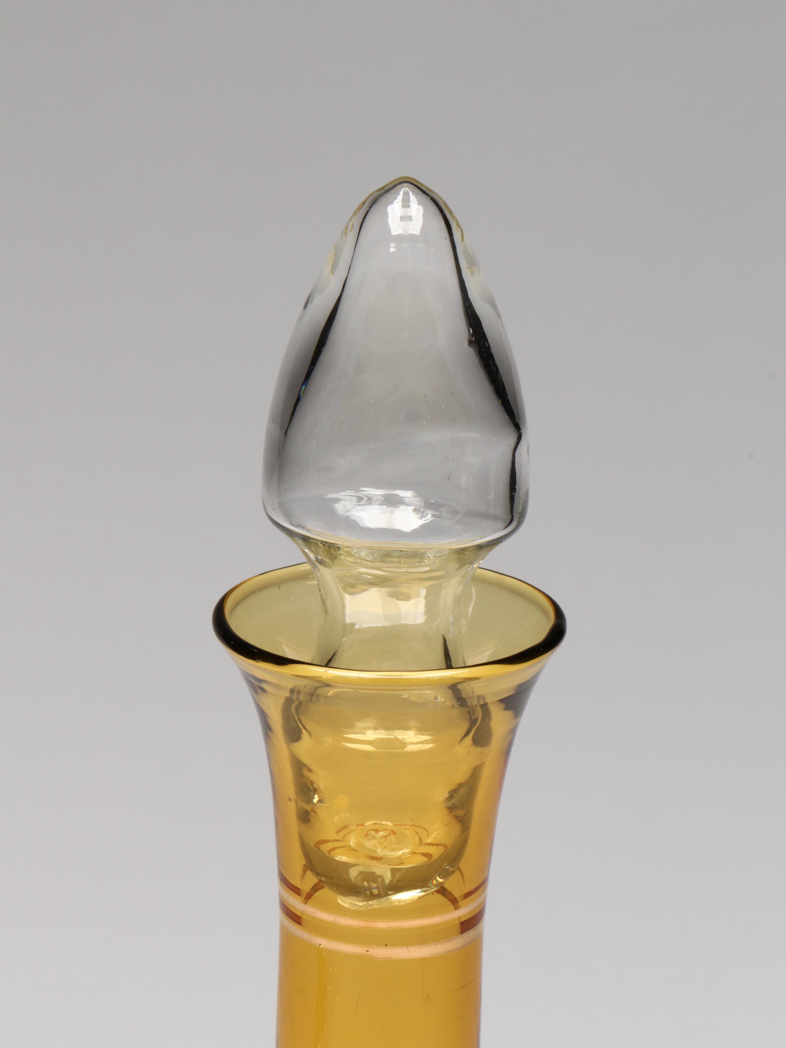 Venetian Style Gilt Amber Glass Decanter and Cordials