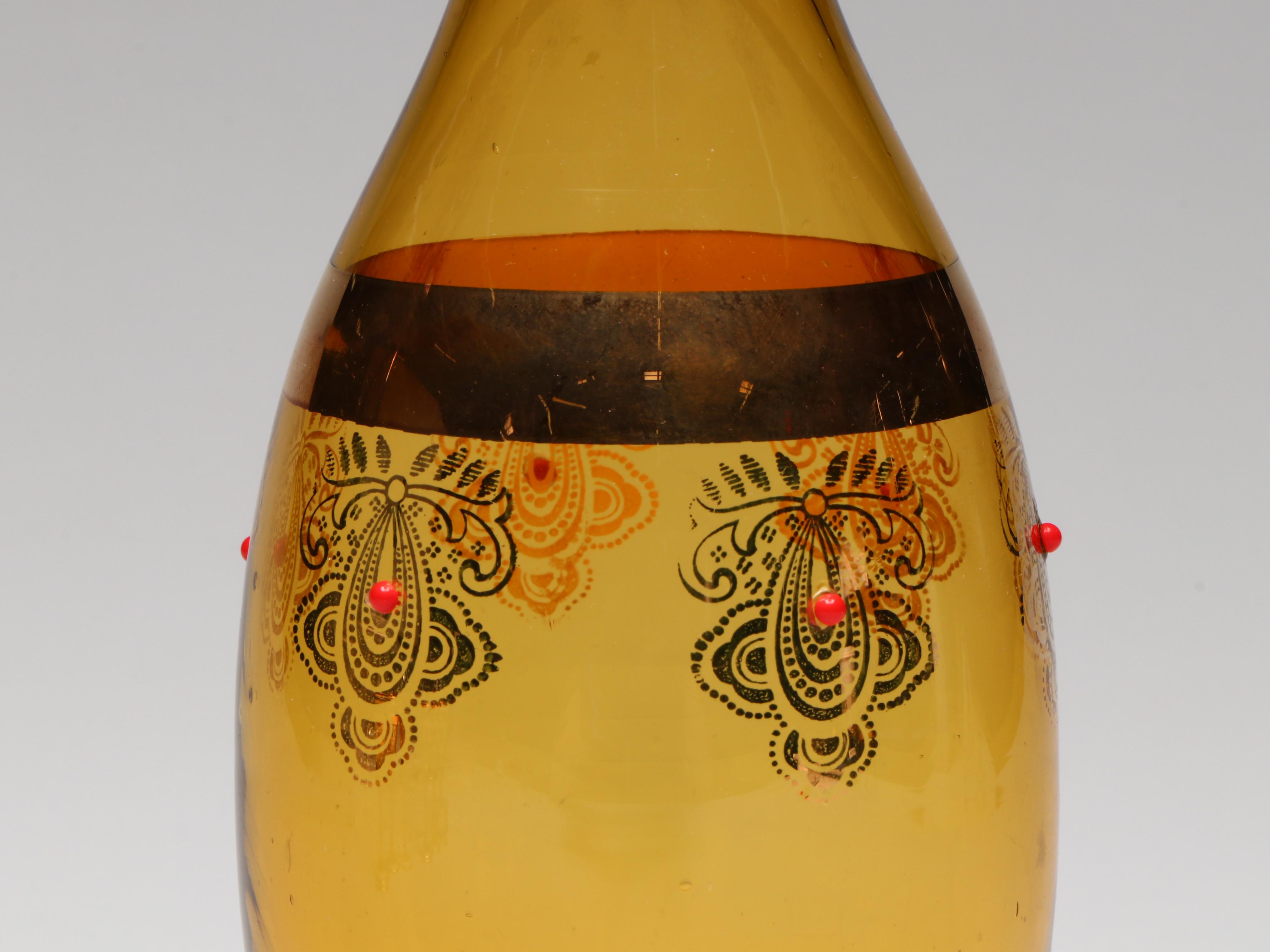 Venetian Style Gilt Amber Glass Decanter and Cordials