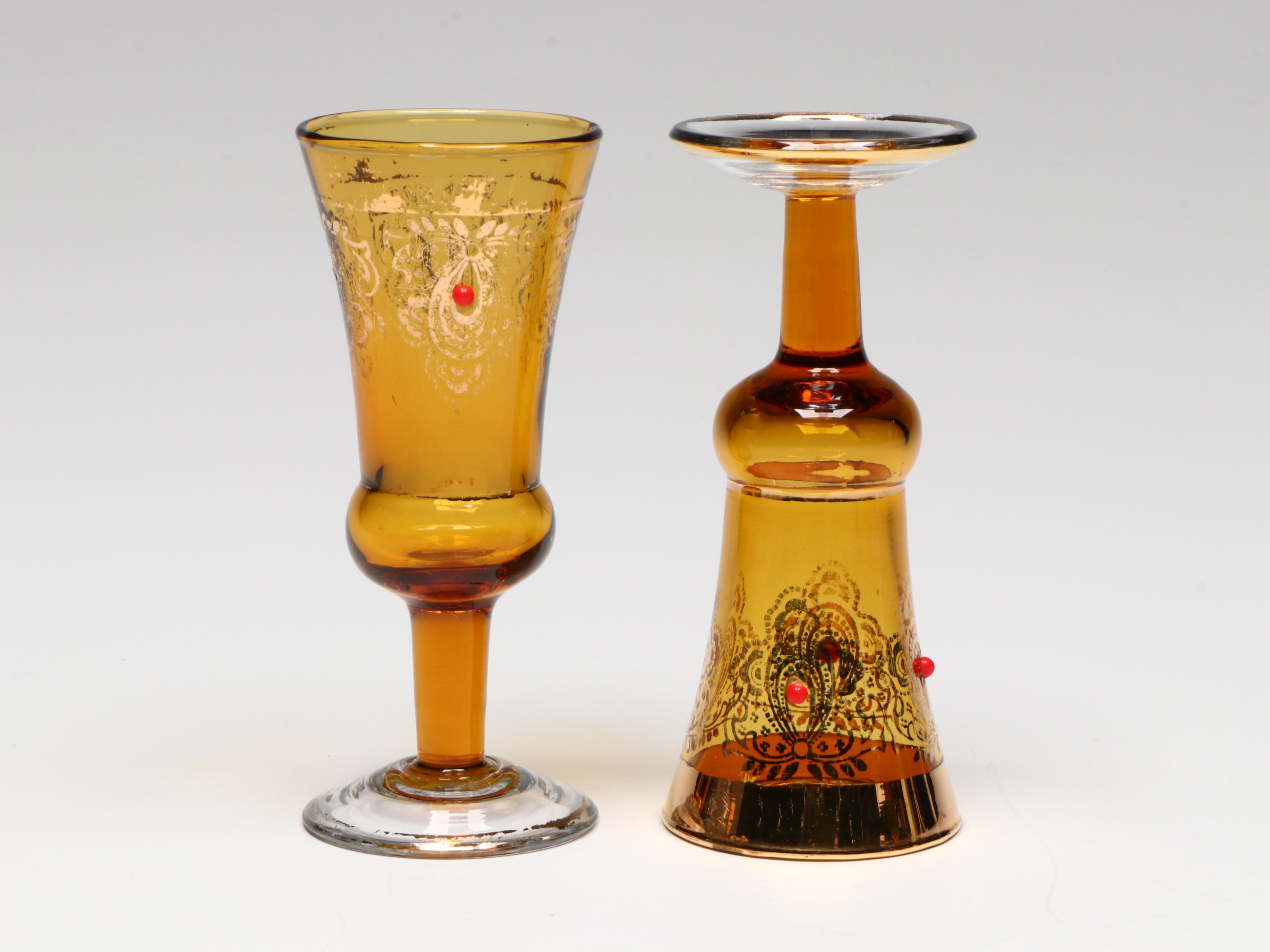 Venetian Style Gilt Amber Glass Decanter and Cordials