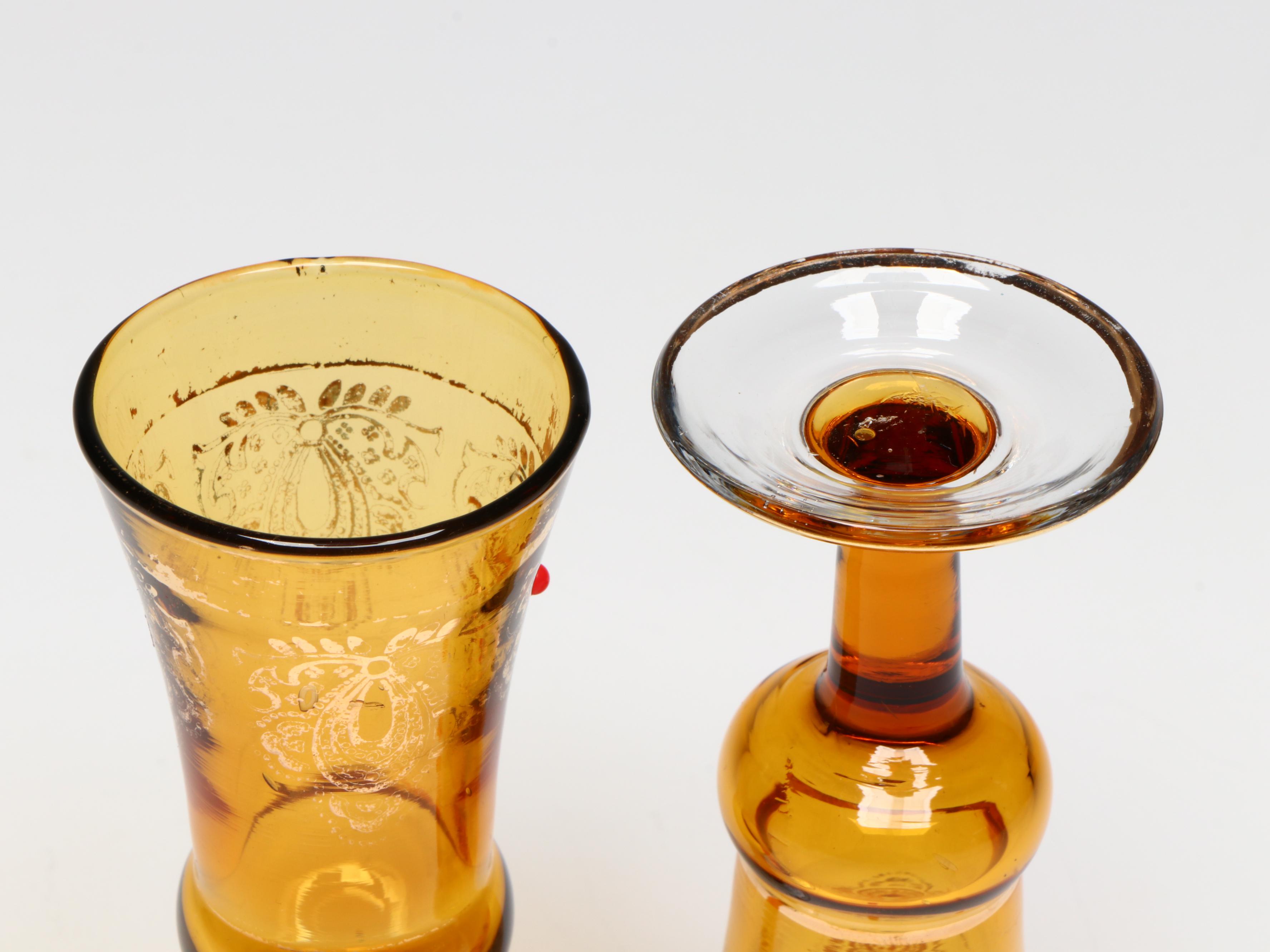 Venetian Style Gilt Amber Glass Decanter and Cordials