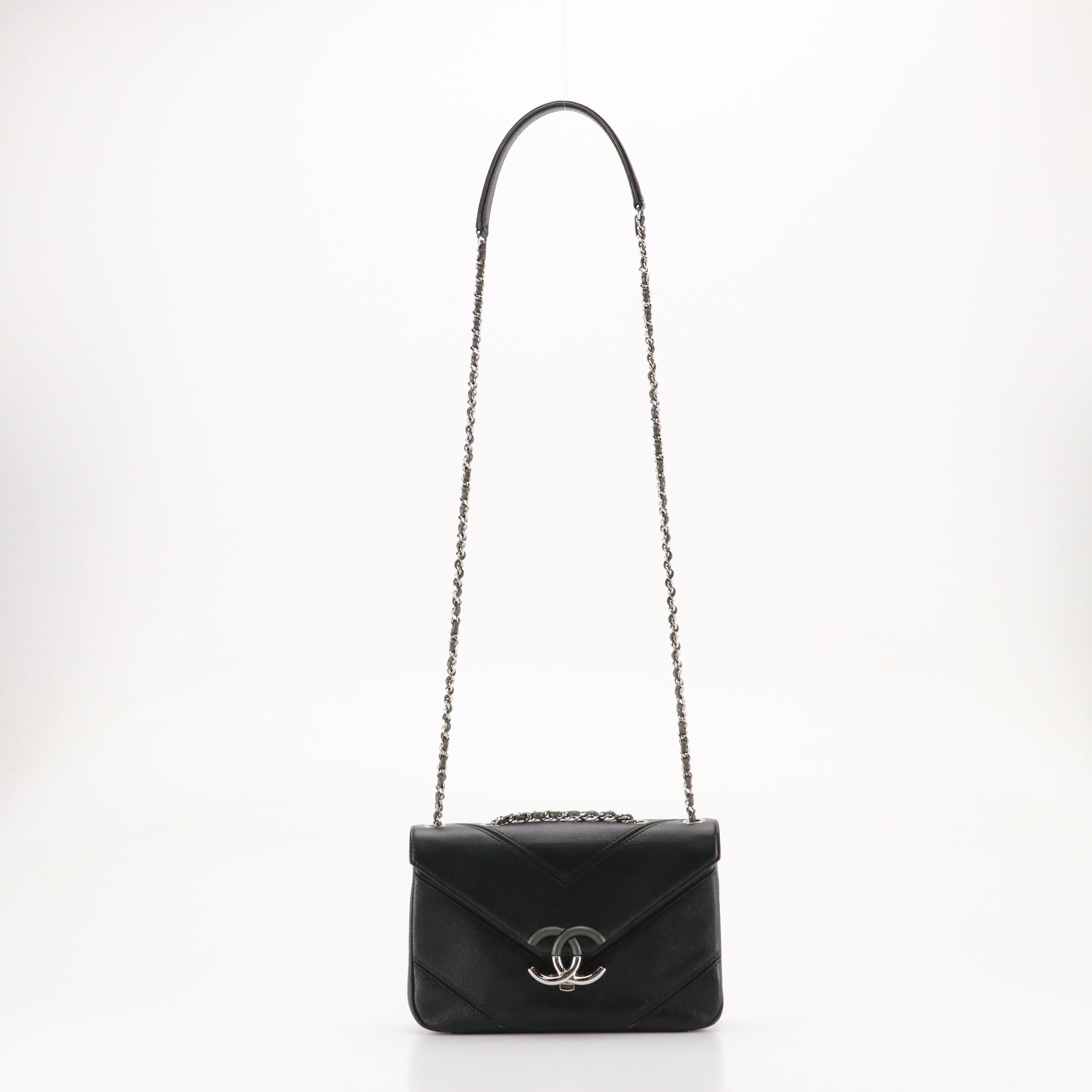 Chanel Macro Chevron CC Crossbody Flap Bag in Black Caviar Leather