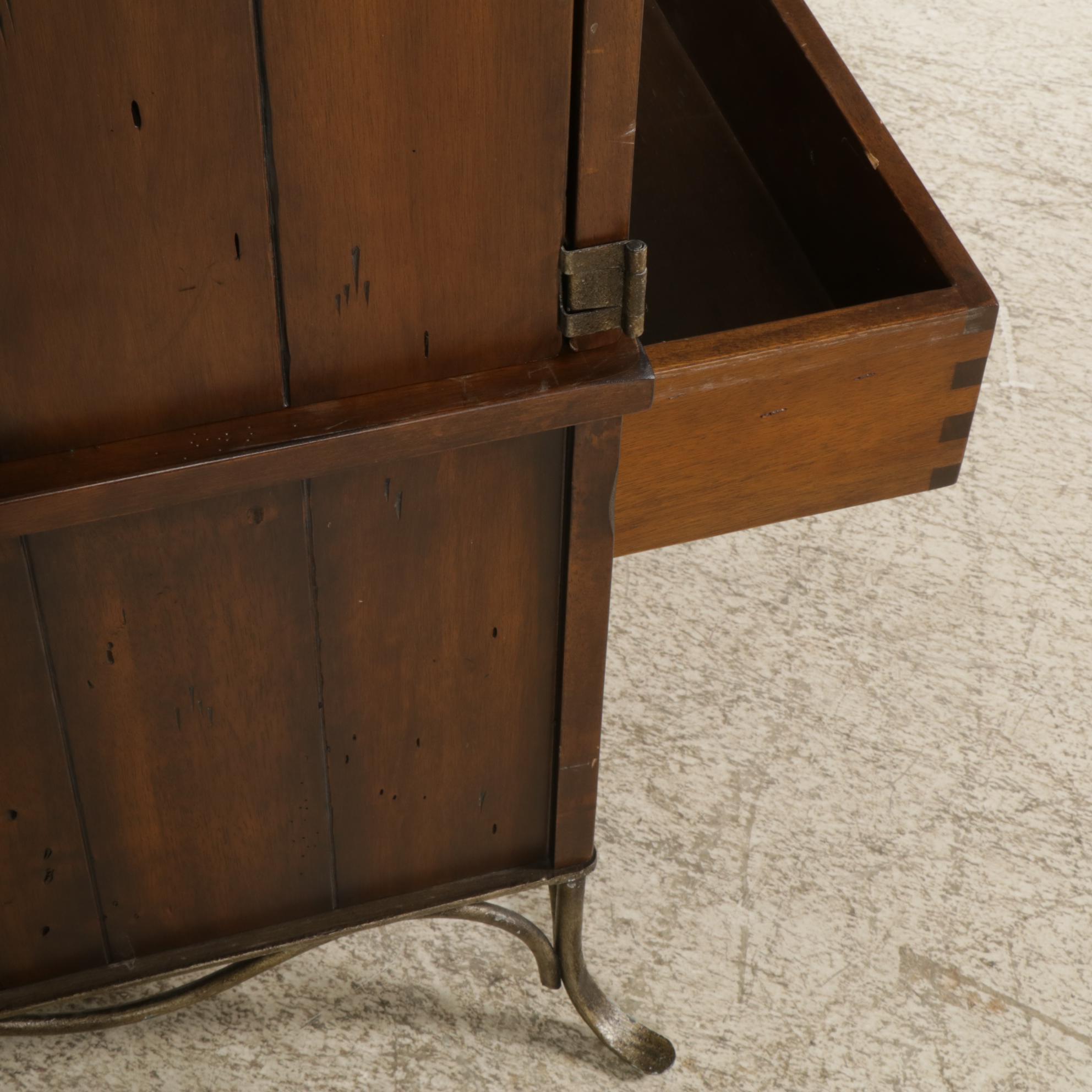 Rustic Wood and Forged Metal Media Cabinet, Early 20th Century