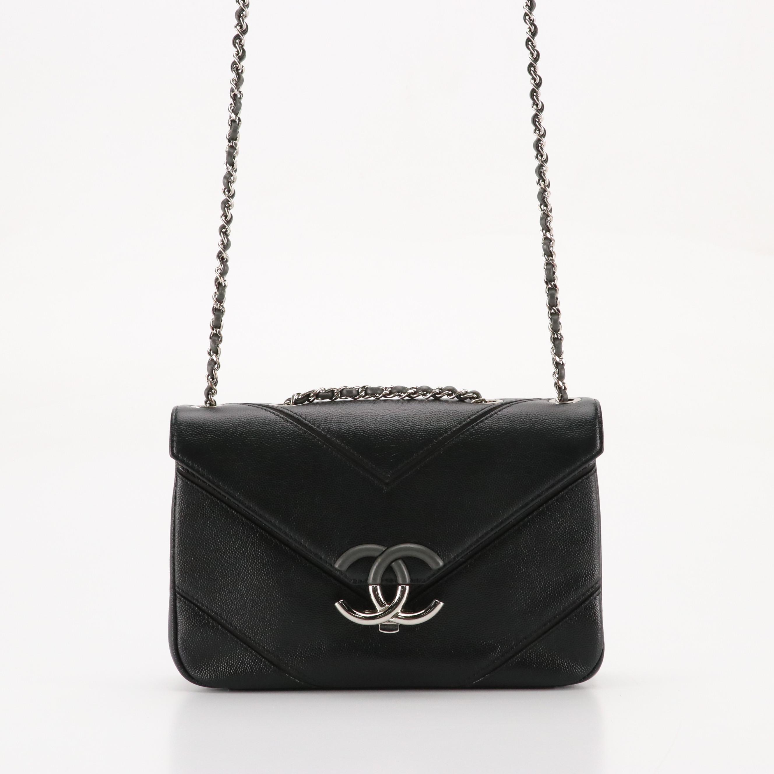Chanel Macro Chevron CC Crossbody Flap Bag in Black Caviar Leather
