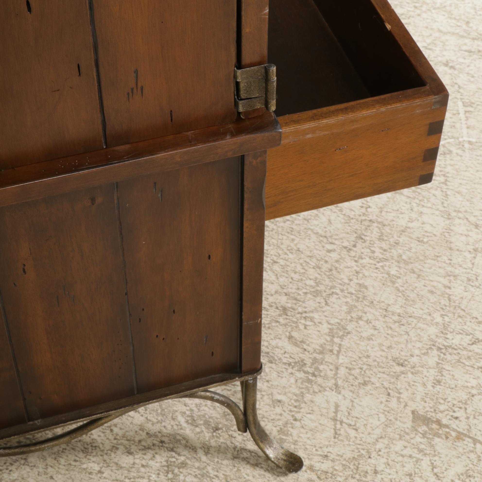 Rustic Wood and Forged Metal Media Cabinet, Early 20th Century