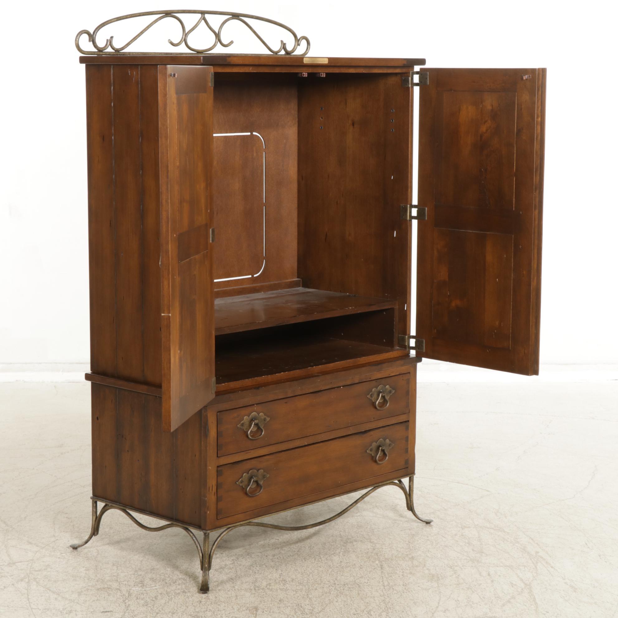 Rustic Wood and Forged Metal Media Cabinet, Early 20th Century