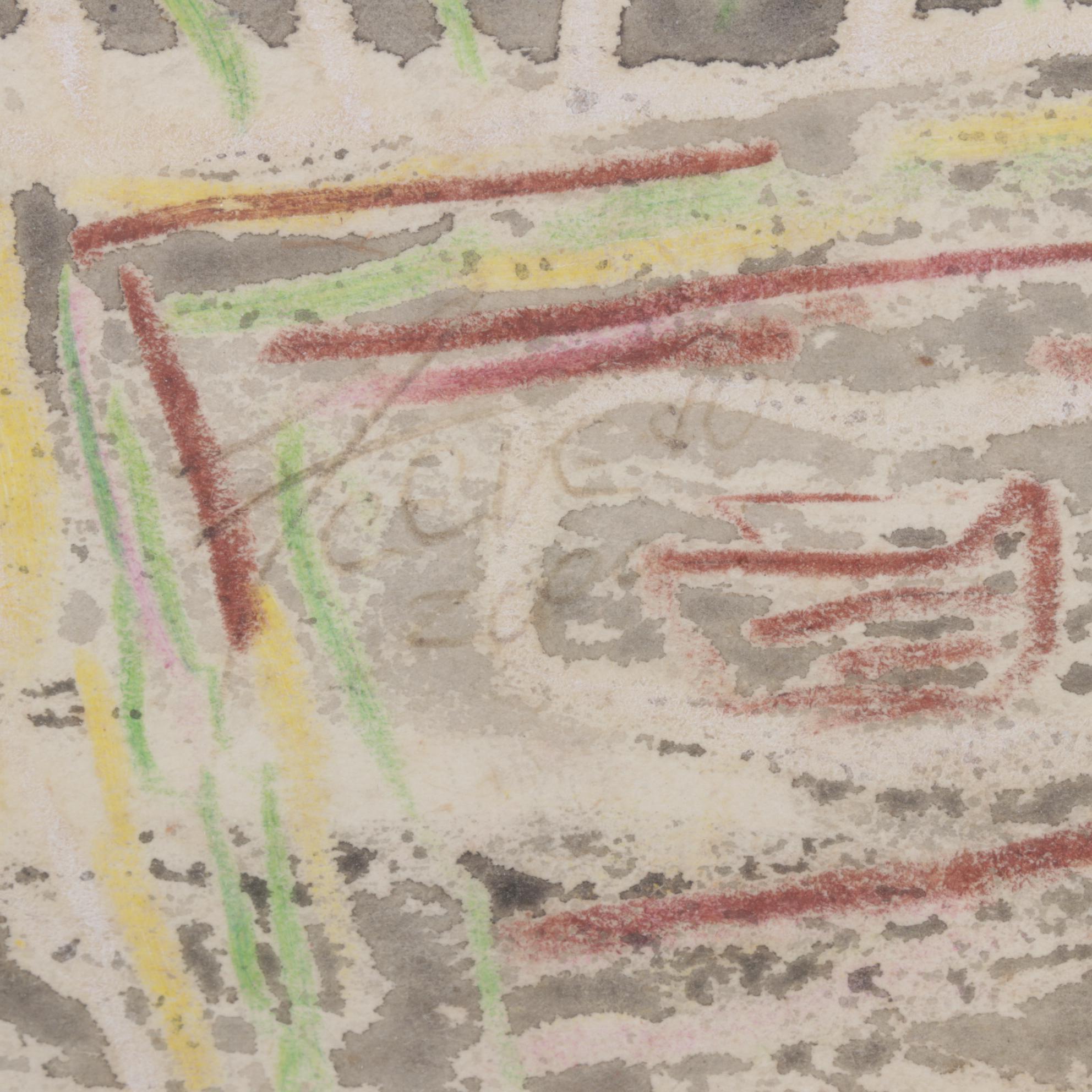 Stylized Modernist Cityscape Oil Pastel Drawing, 2000