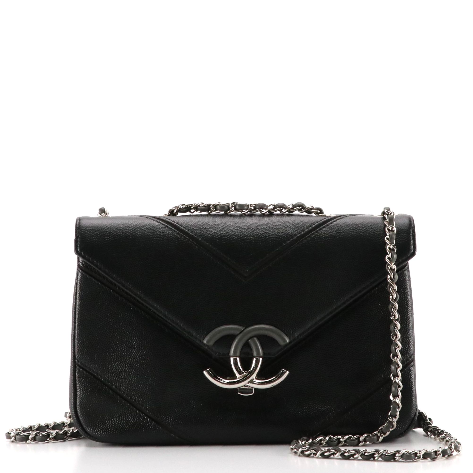 Chanel Macro Chevron CC Crossbody Flap Bag in Black Caviar Leather