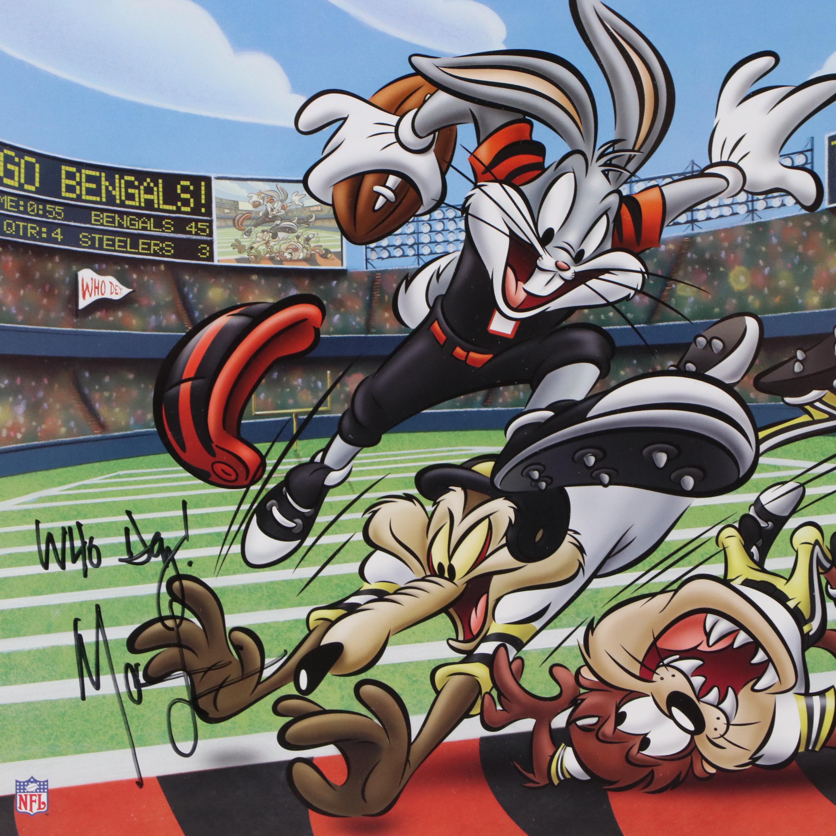 Marvin Lewis Signed Cincinnati Bengals "Looney Tunes" Print in Matted Frame