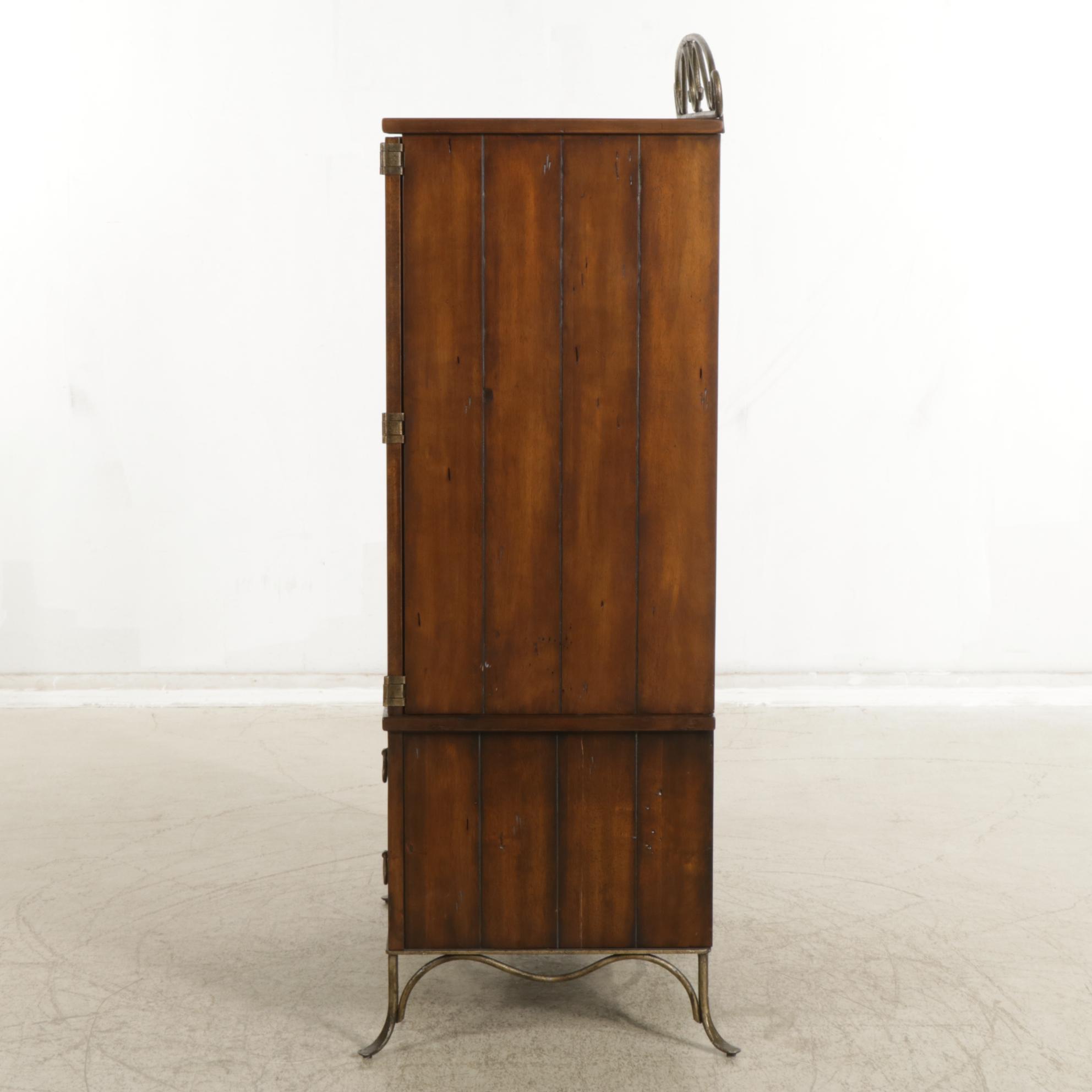 Rustic Wood and Forged Metal Media Cabinet, Early 20th Century