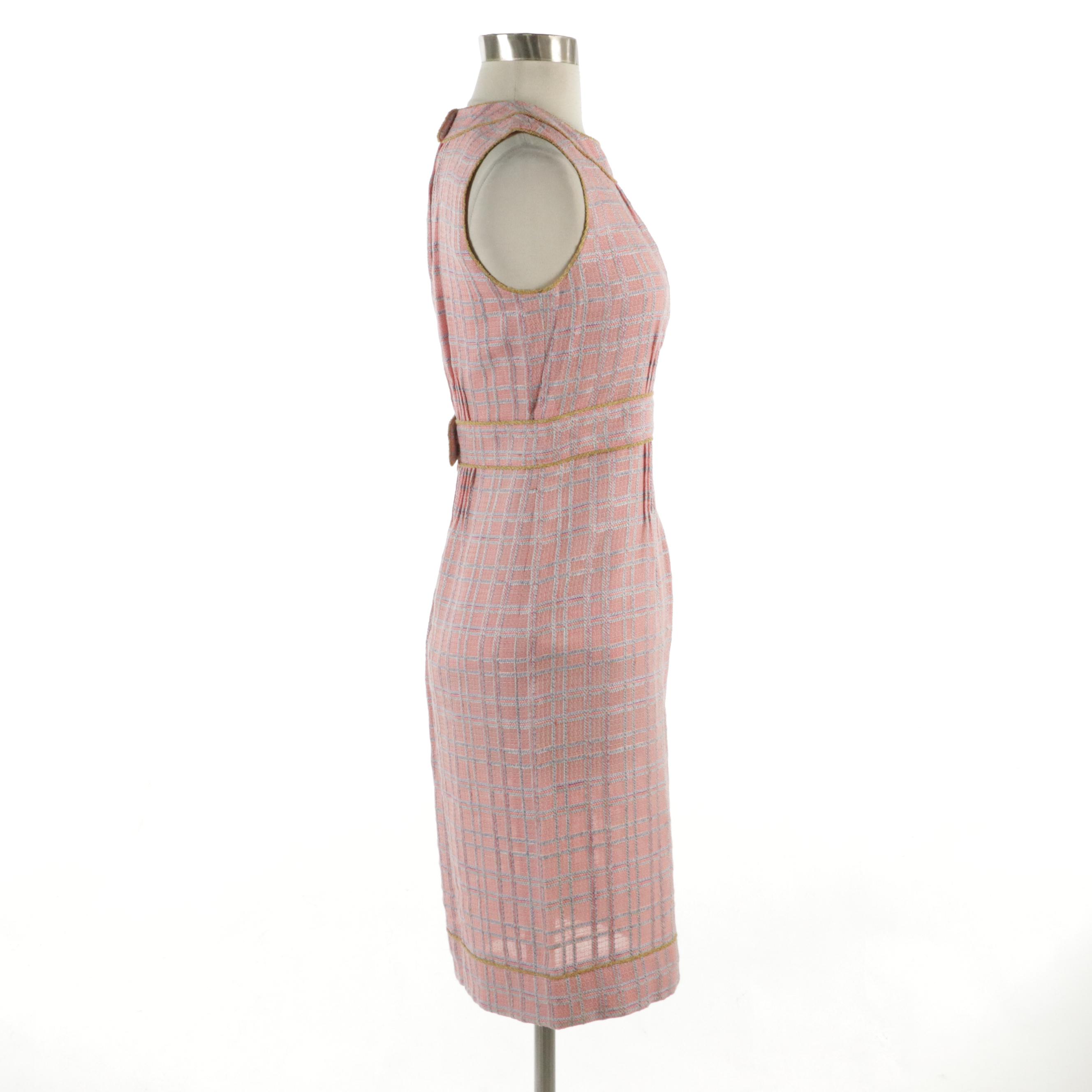 Chanel Pleated Knee-Length Dress in Pink & Blue Wool/Silk Tweed Blend, With Tag