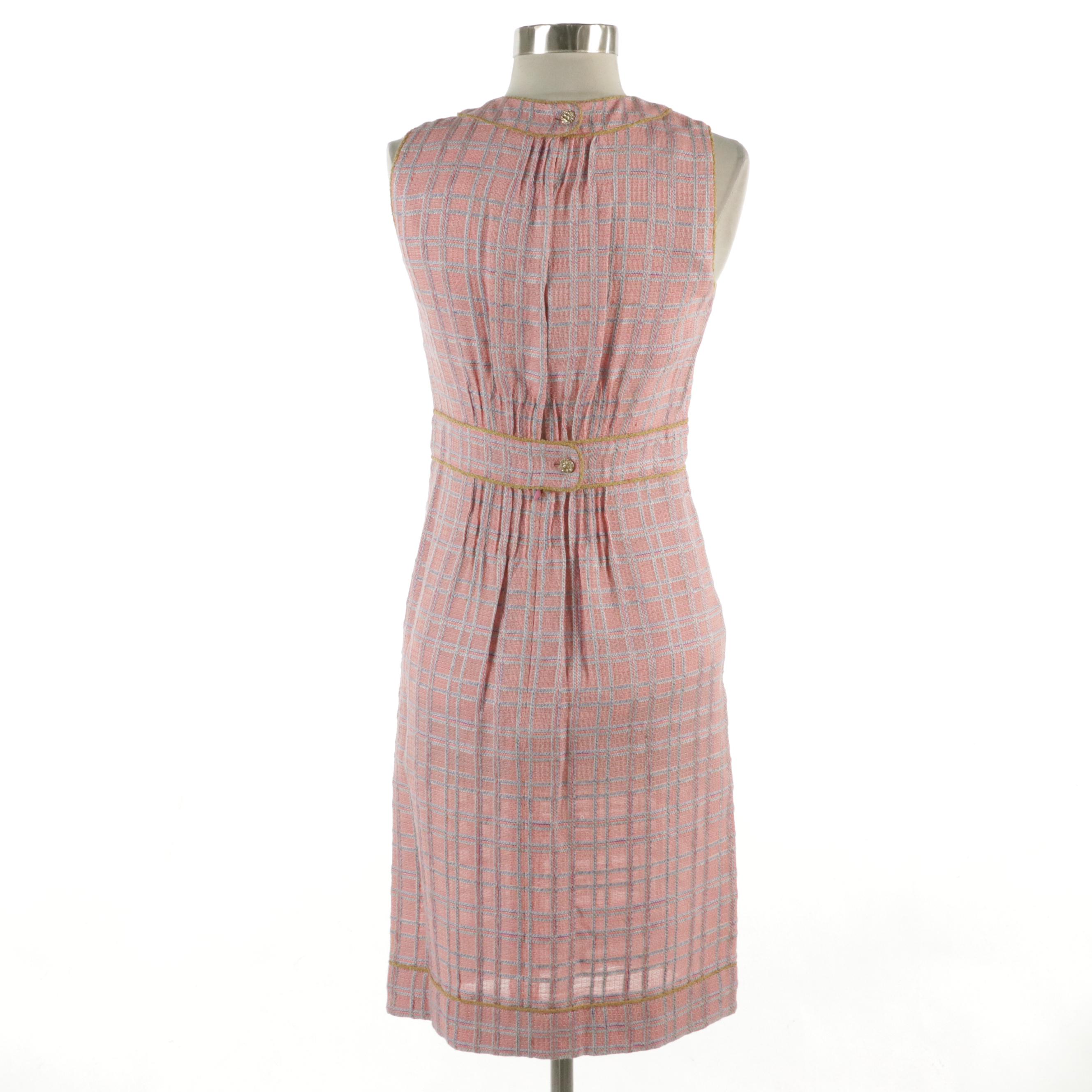 Chanel Pleated Knee-Length Dress in Pink & Blue Wool/Silk Tweed Blend, With Tag
