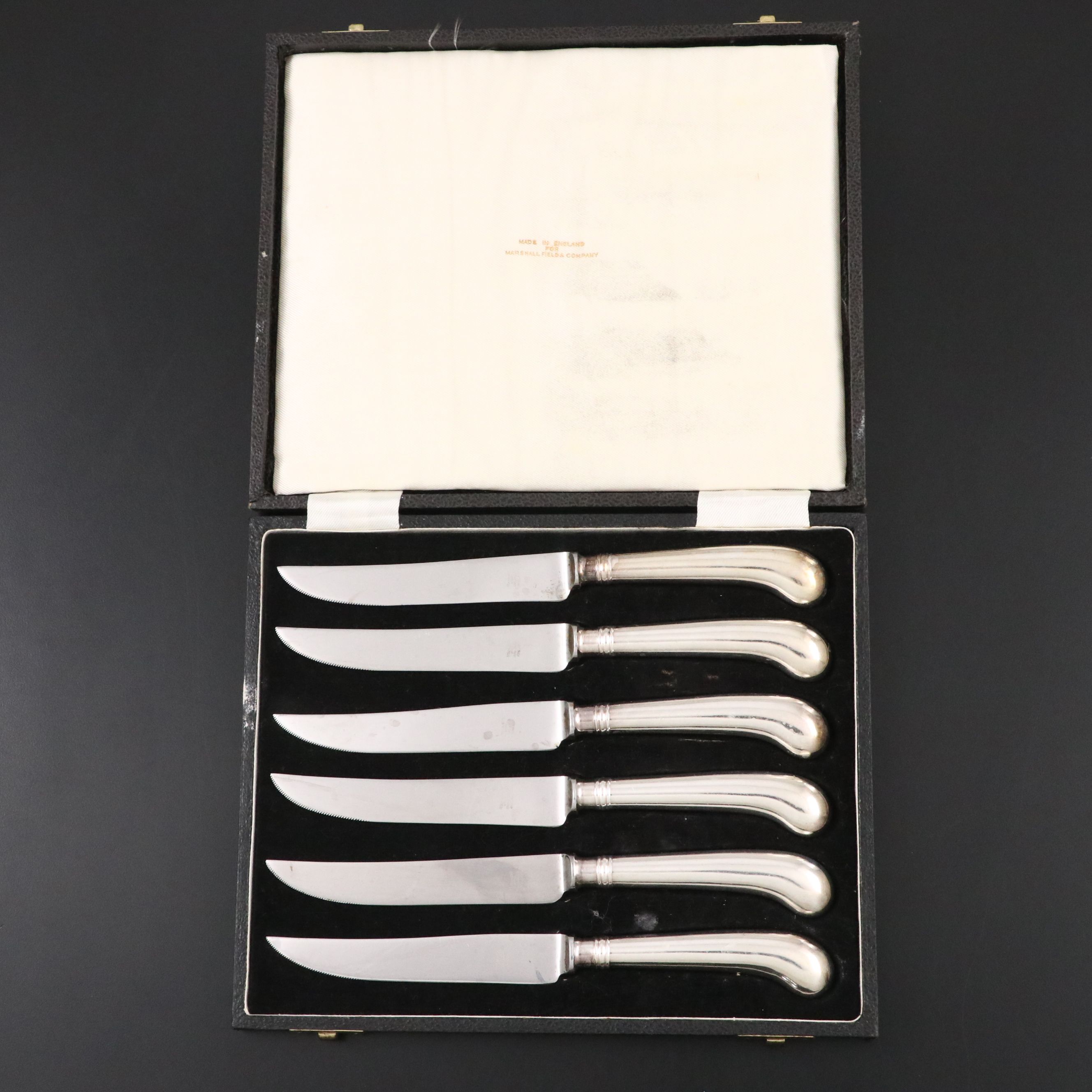 English Stainless Steel Pistol Handled Steak Knives with Marshall Field Box