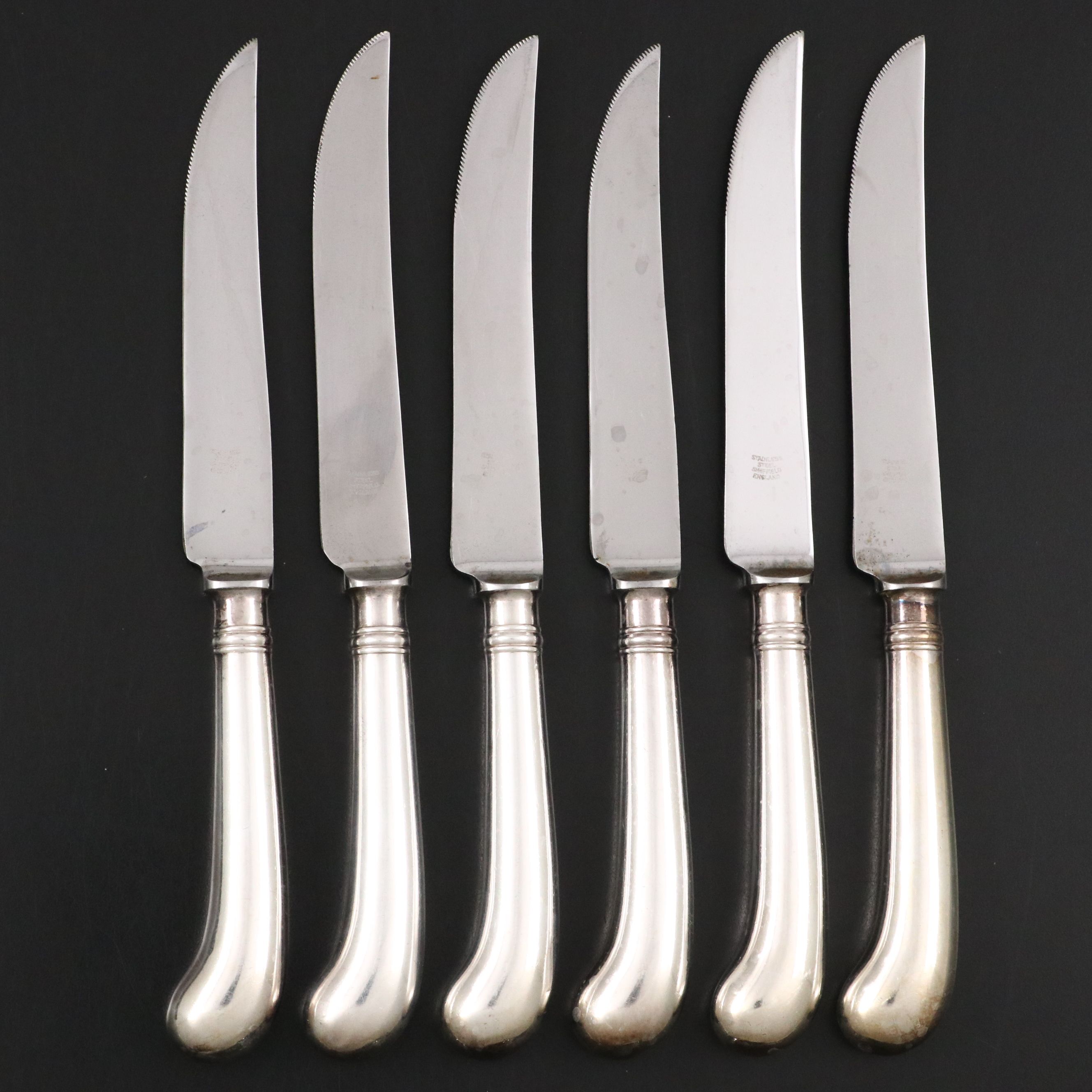 English Stainless Steel Pistol Handled Steak Knives with Marshall Field Box