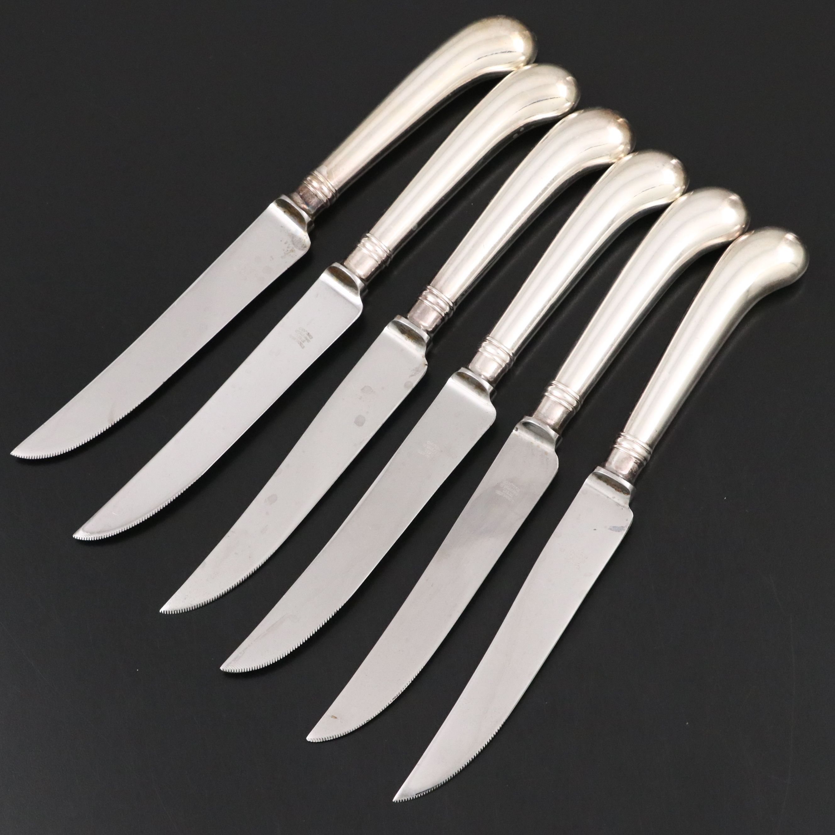 English Stainless Steel Pistol Handled Steak Knives with Marshall Field Box