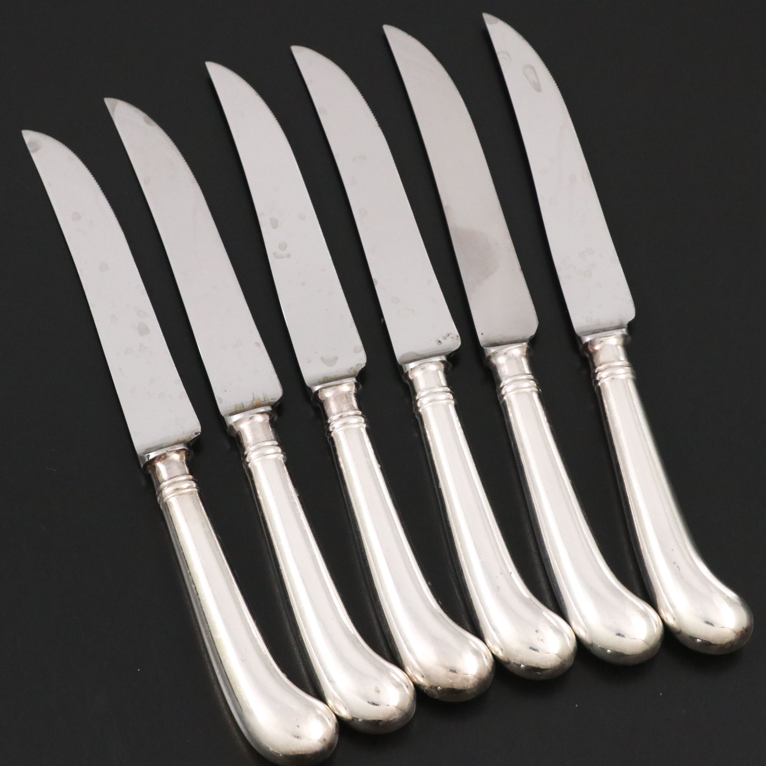 English Stainless Steel Pistol Handled Steak Knives with Marshall Field Box