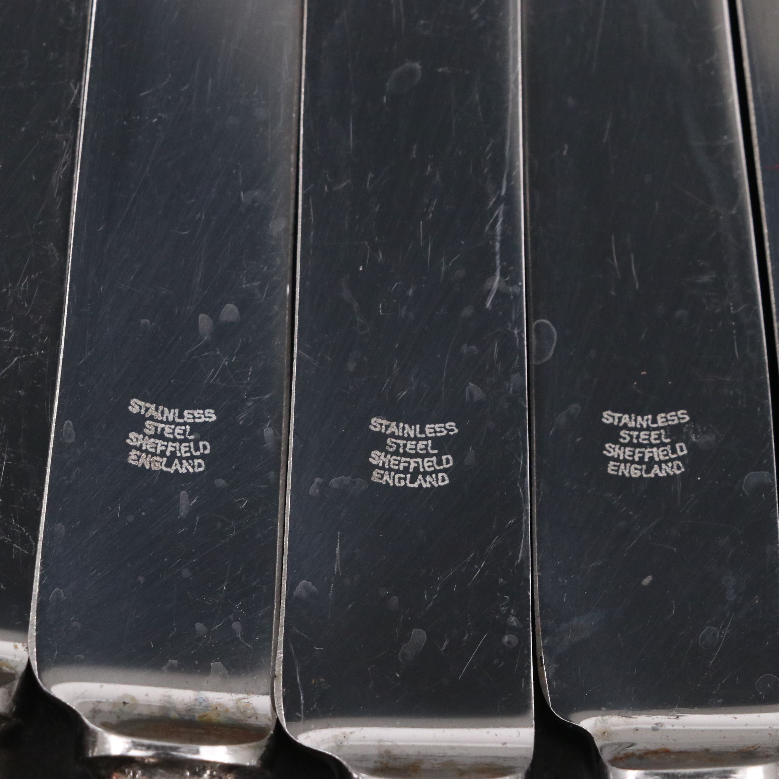 English Stainless Steel Pistol Handled Steak Knives with Marshall Field Box