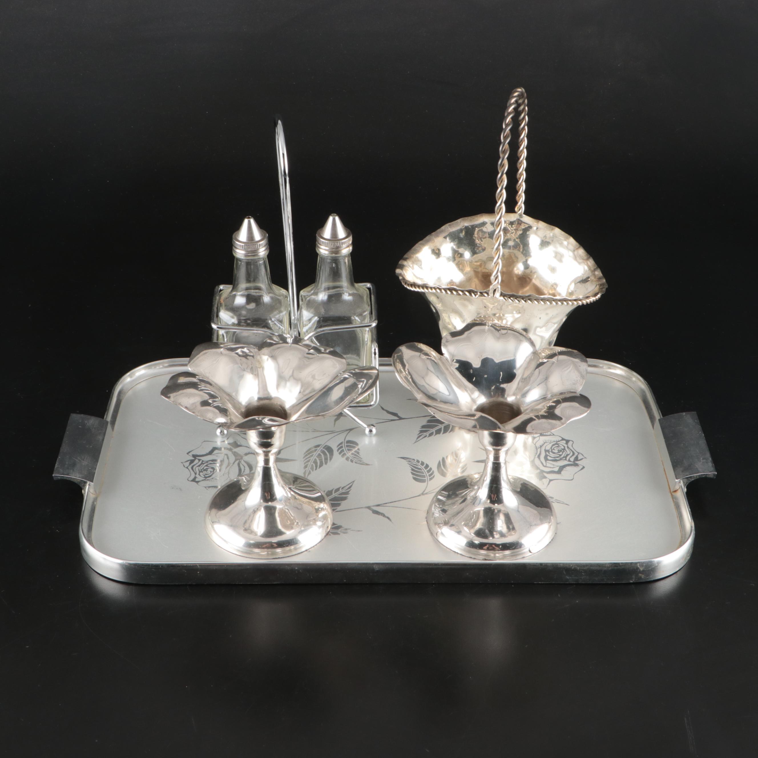 Glass Cruets, Silver Tone Candle Holders, and More Table Accessories