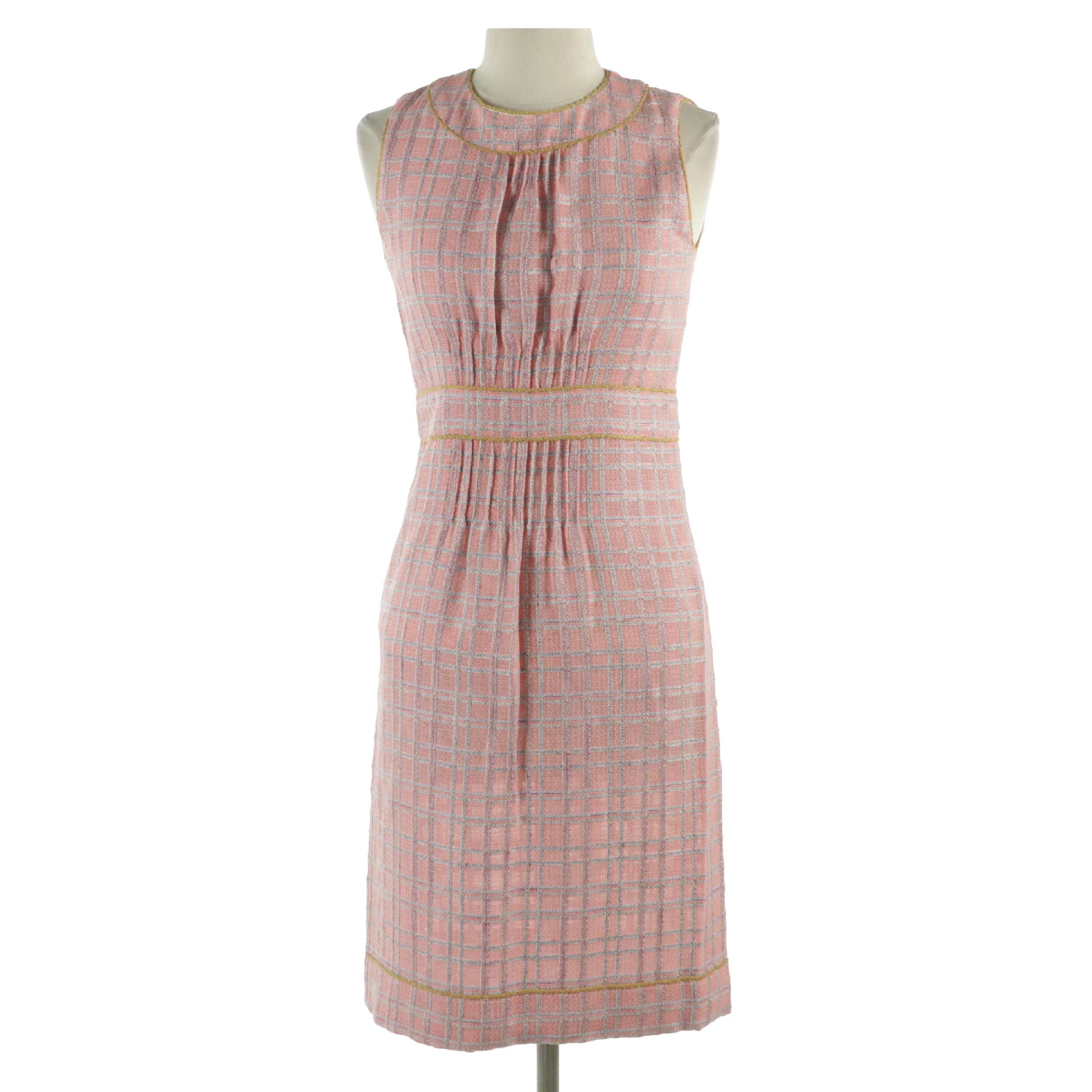 Chanel Pleated Knee-Length Dress in Pink & Blue Wool/Silk Tweed Blend, With Tag