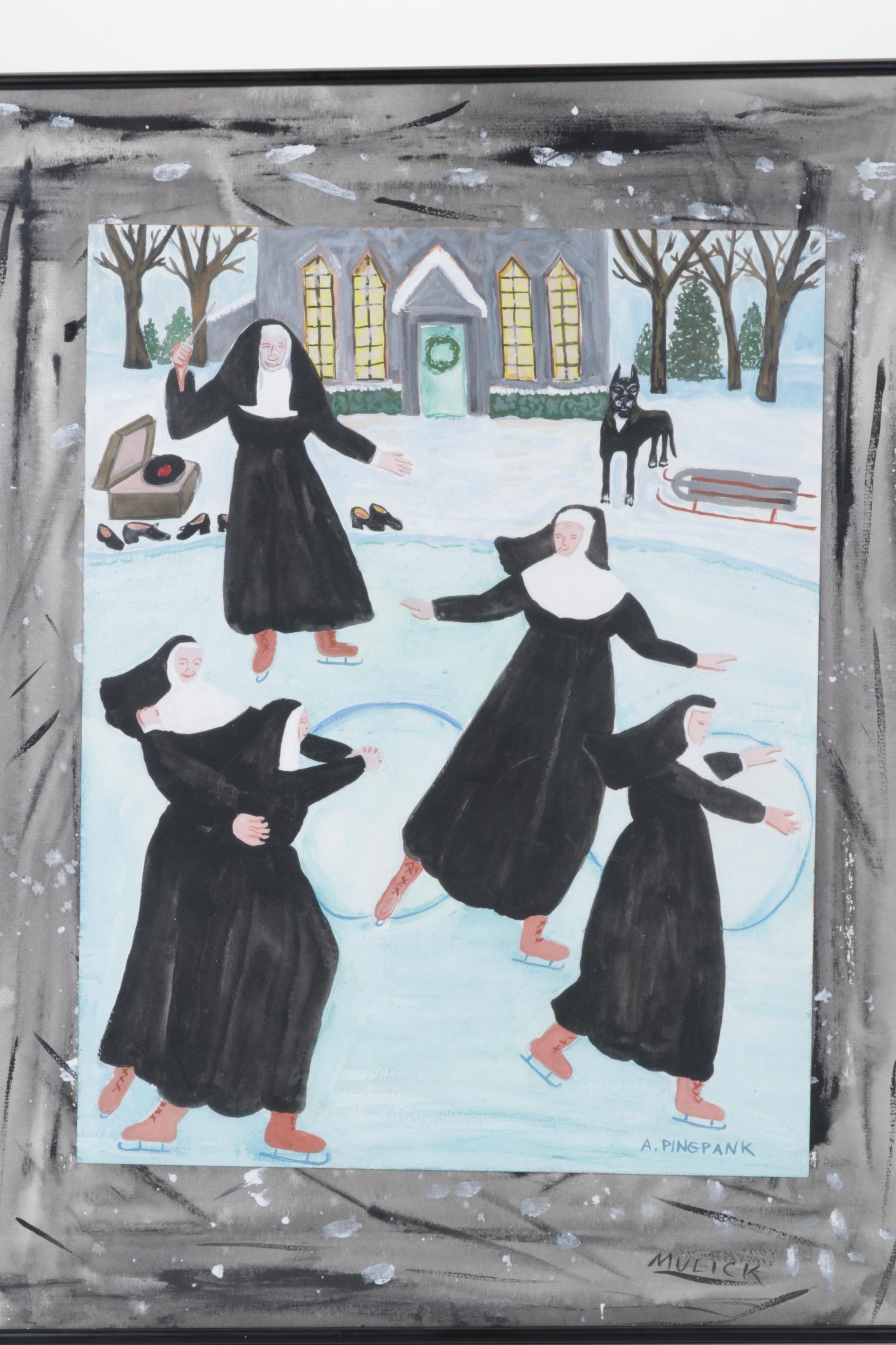 Nancy Mulick Gouache Painting of Ice-Skating Nuns, 1998