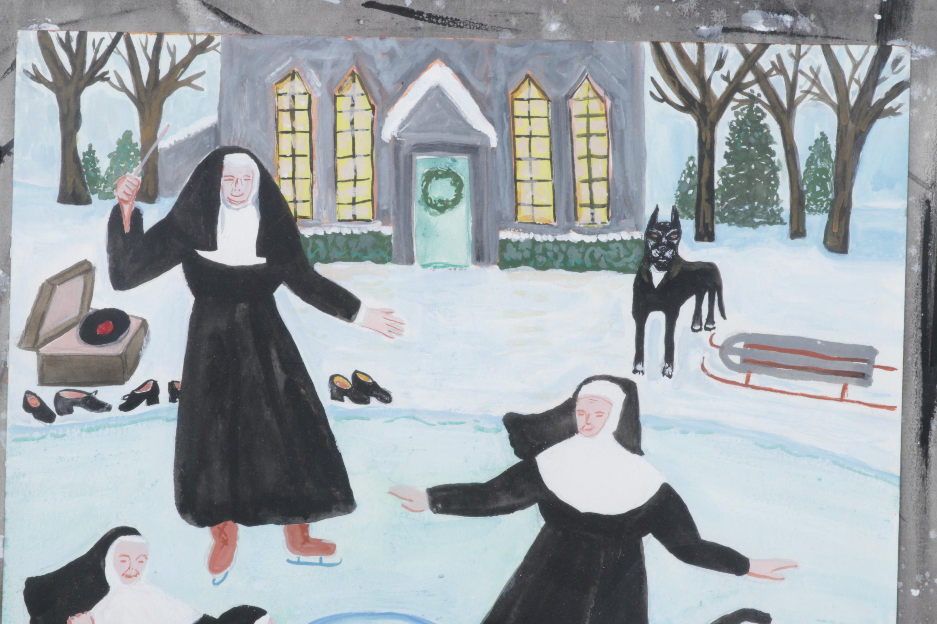 Nancy Mulick Gouache Painting of Ice-Skating Nuns, 1998