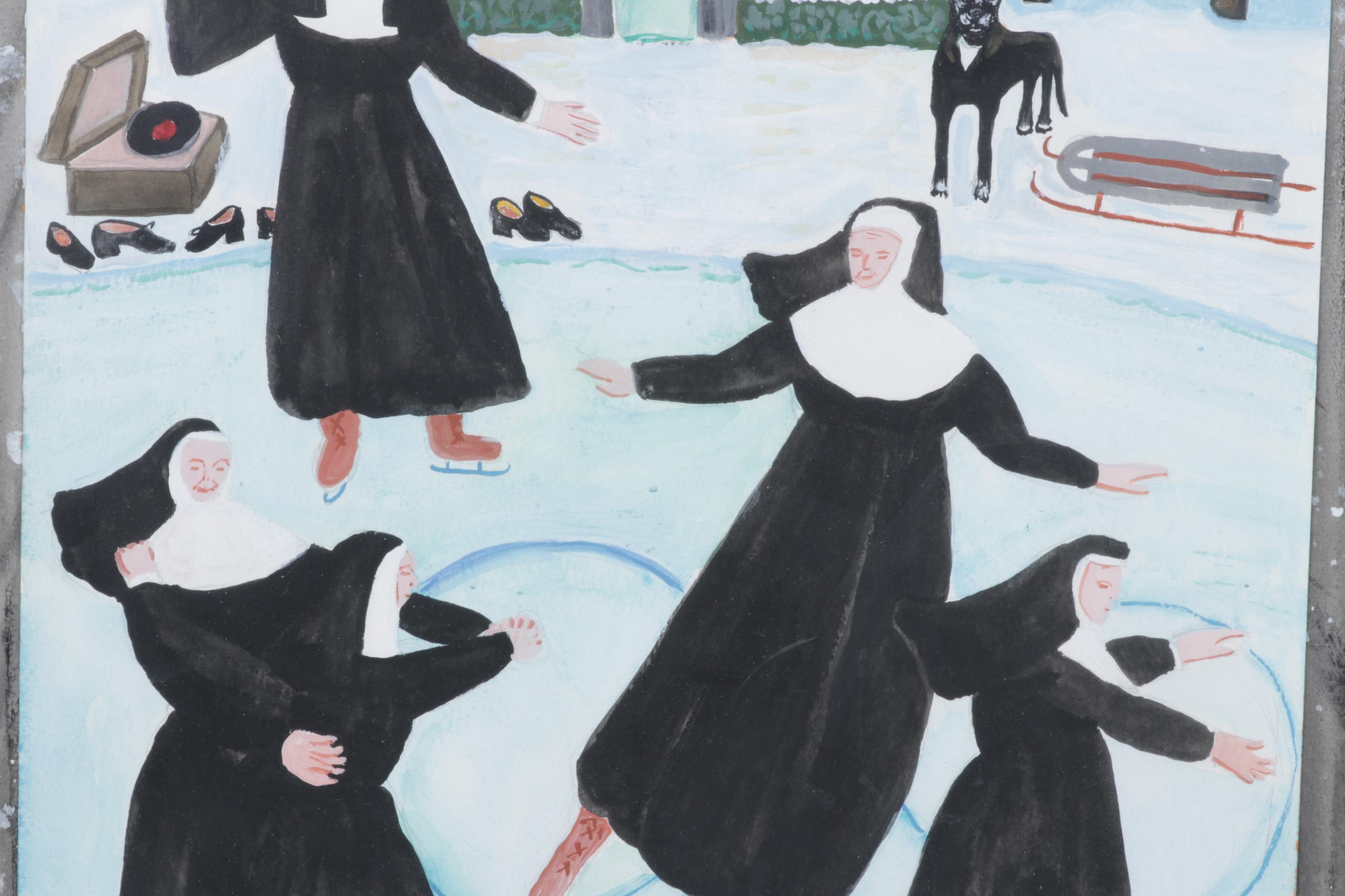 Nancy Mulick Gouache Painting of Ice-Skating Nuns, 1998