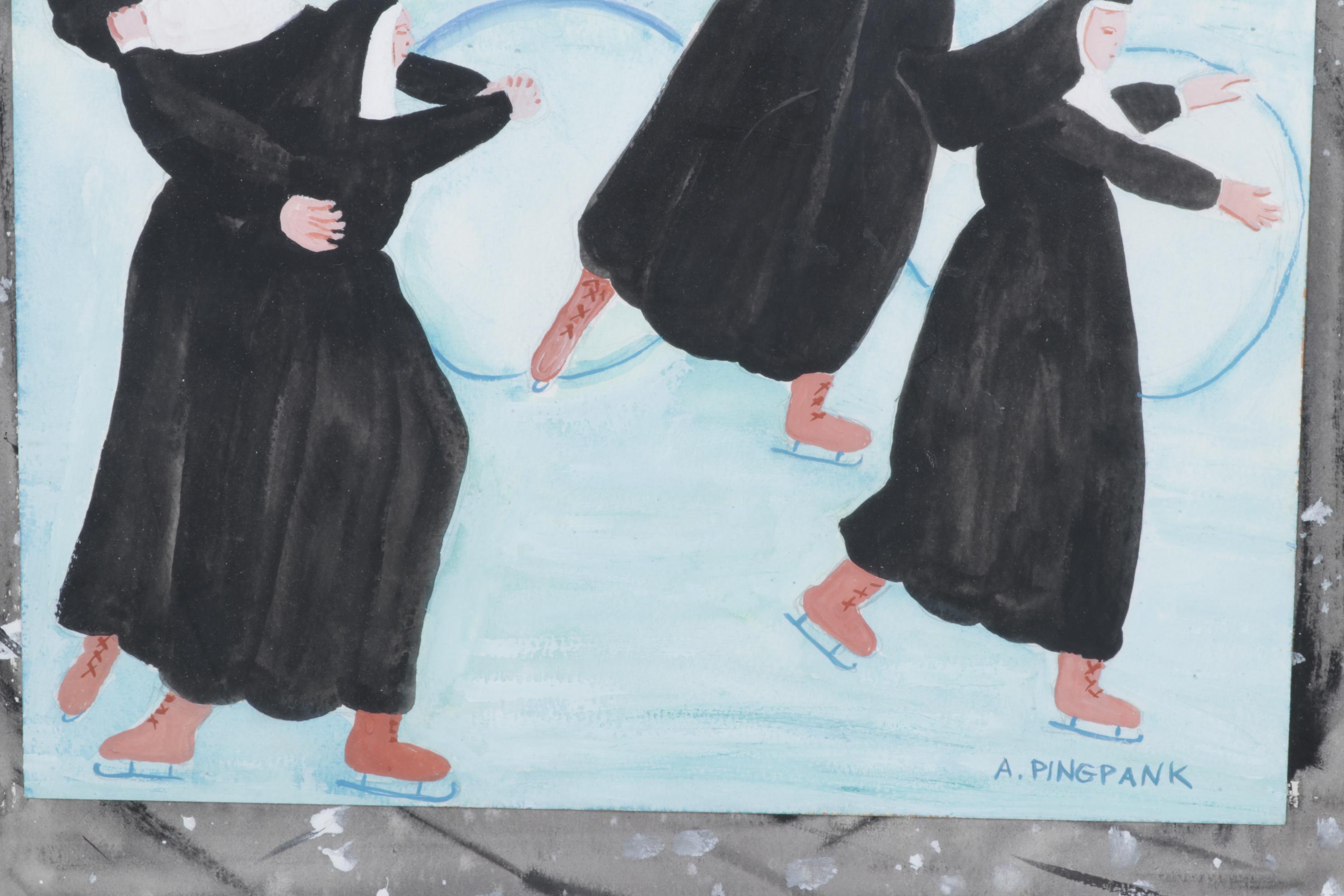 Nancy Mulick Gouache Painting of Ice-Skating Nuns, 1998