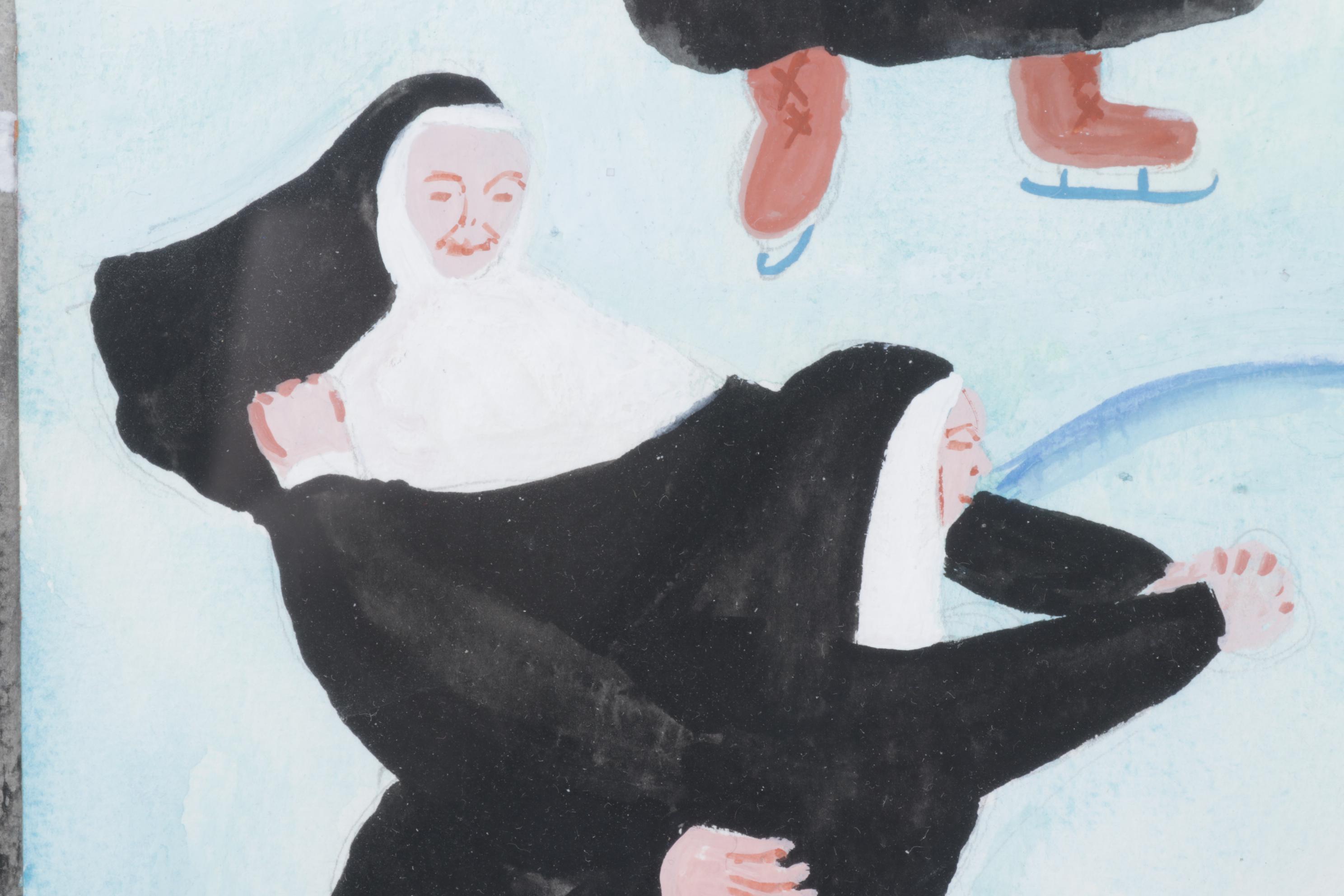 Nancy Mulick Gouache Painting of Ice-Skating Nuns, 1998
