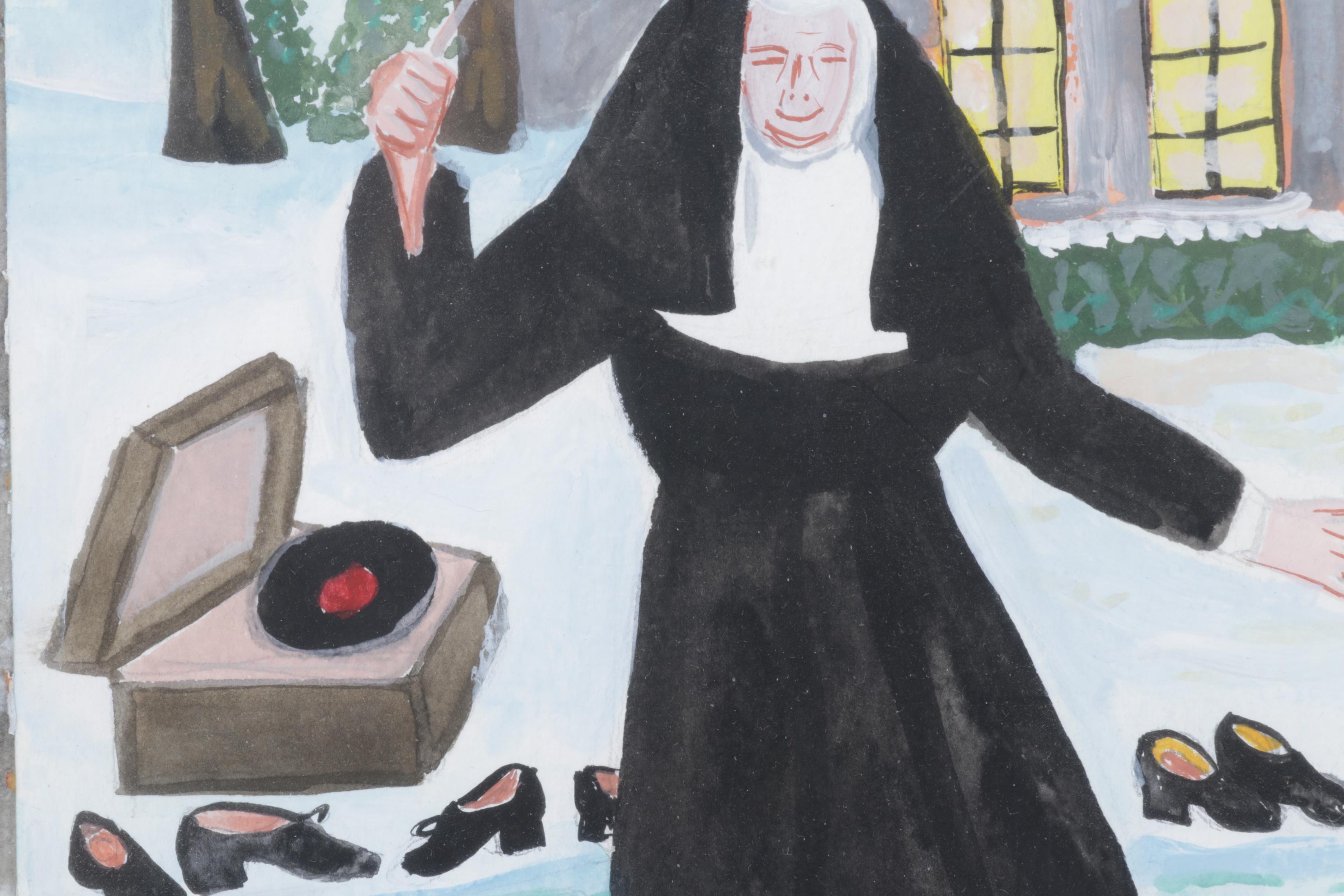 Nancy Mulick Gouache Painting of Ice-Skating Nuns, 1998