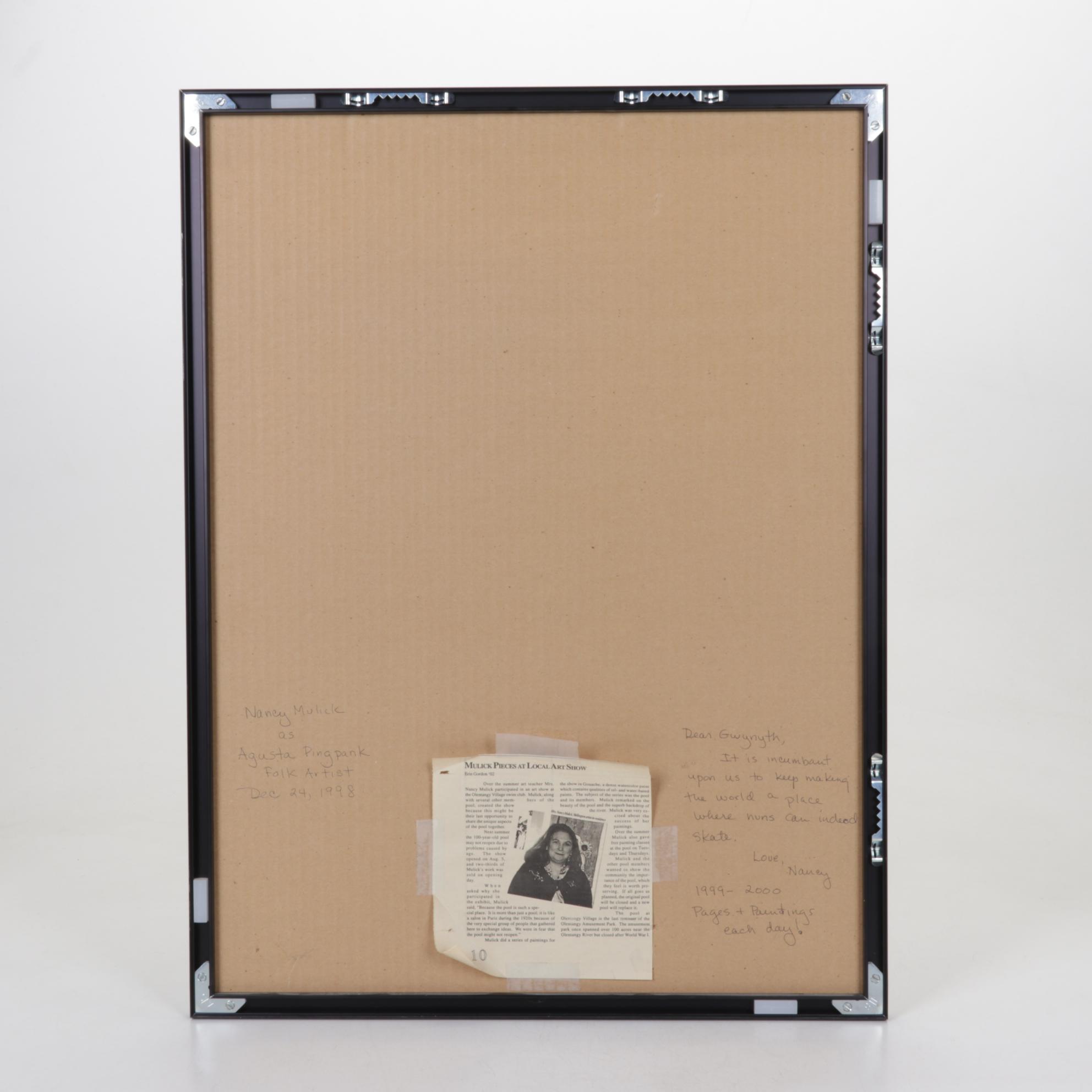 Nancy Mulick Gouache Painting of Ice-Skating Nuns, 1998