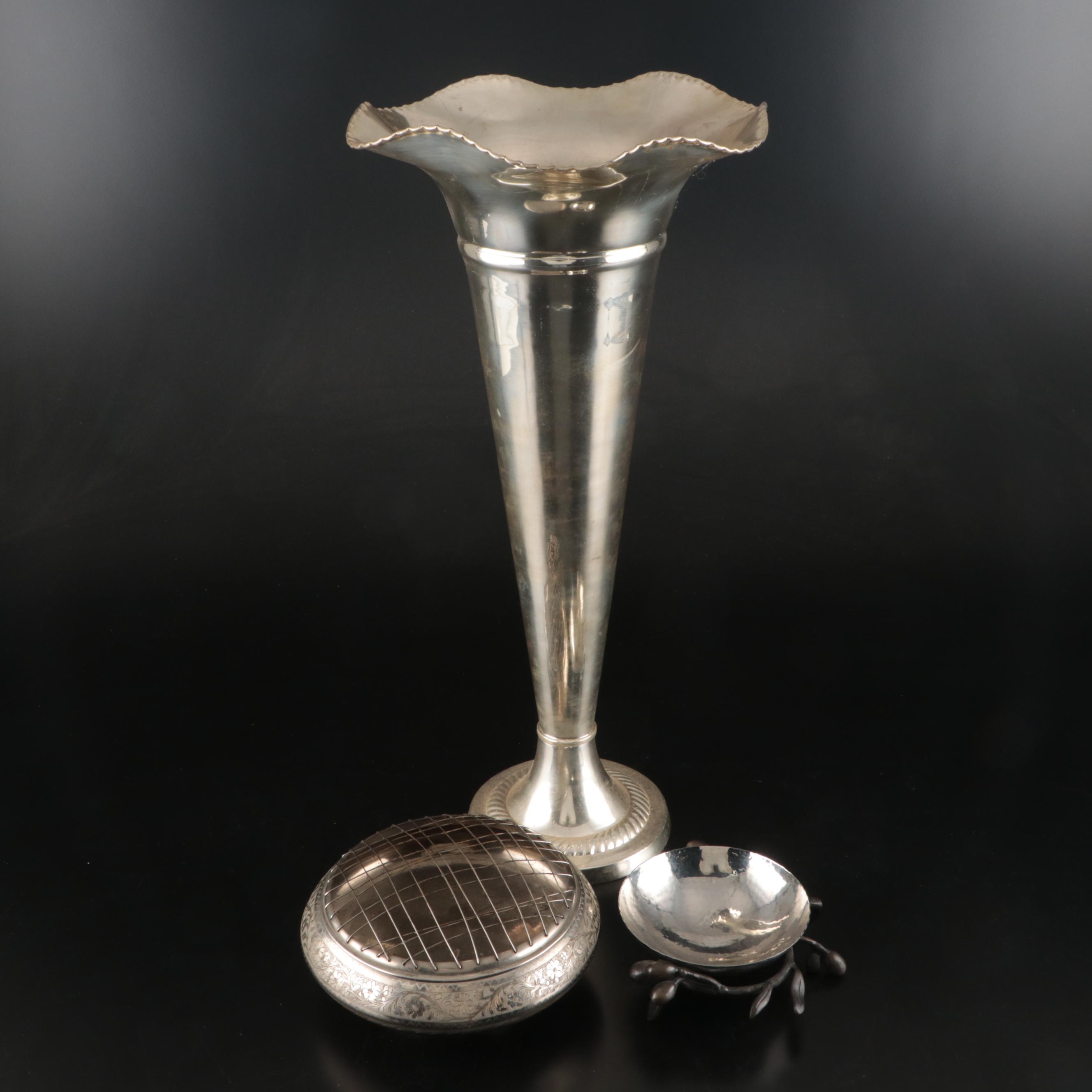 Michael Aram Olive Nut Dish with Indian Silver Plate Trumpet Vase and Rose Bowl