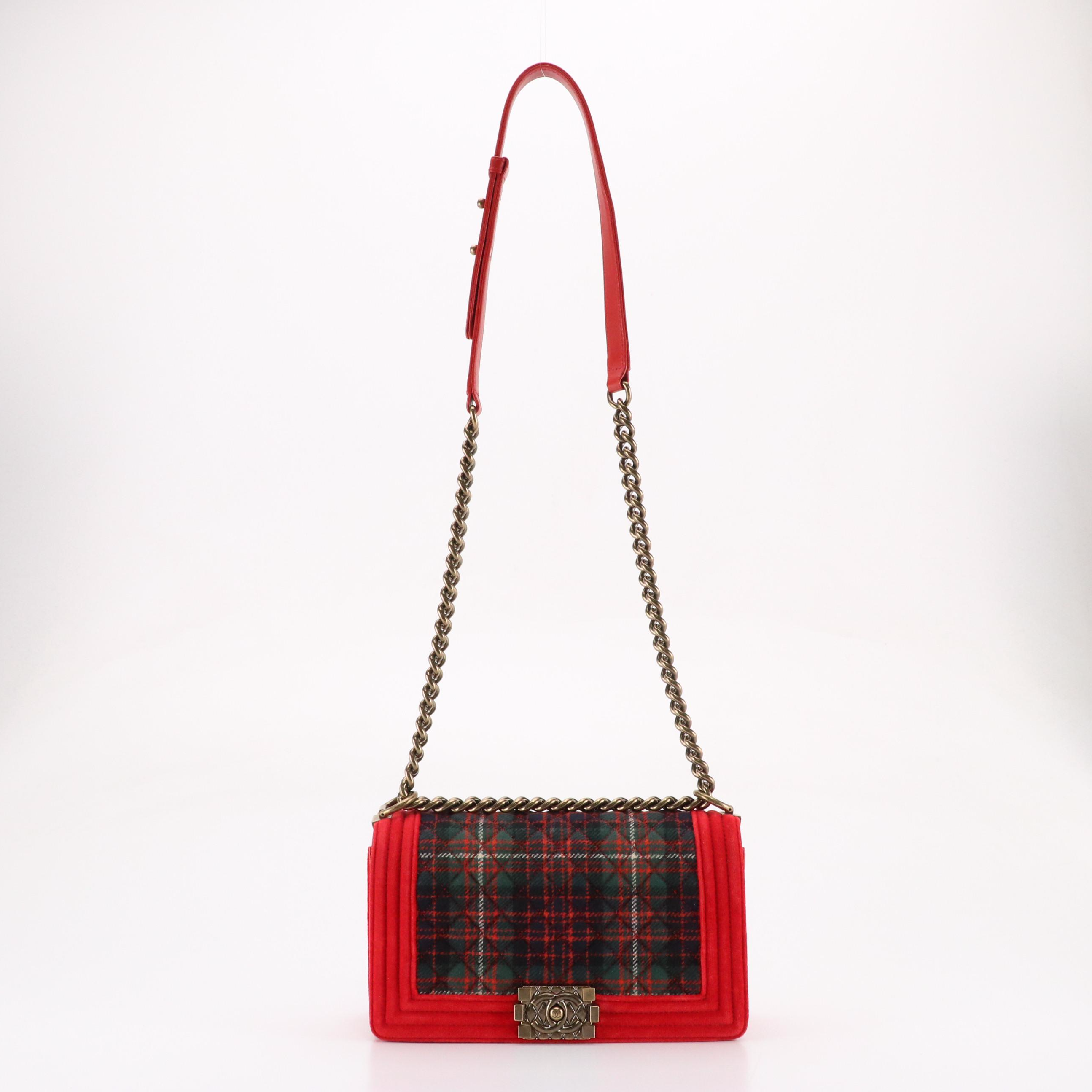 Chanel Boy Flap Shoulder Bag in Quilted Tartan Tweed and Red Velvet
