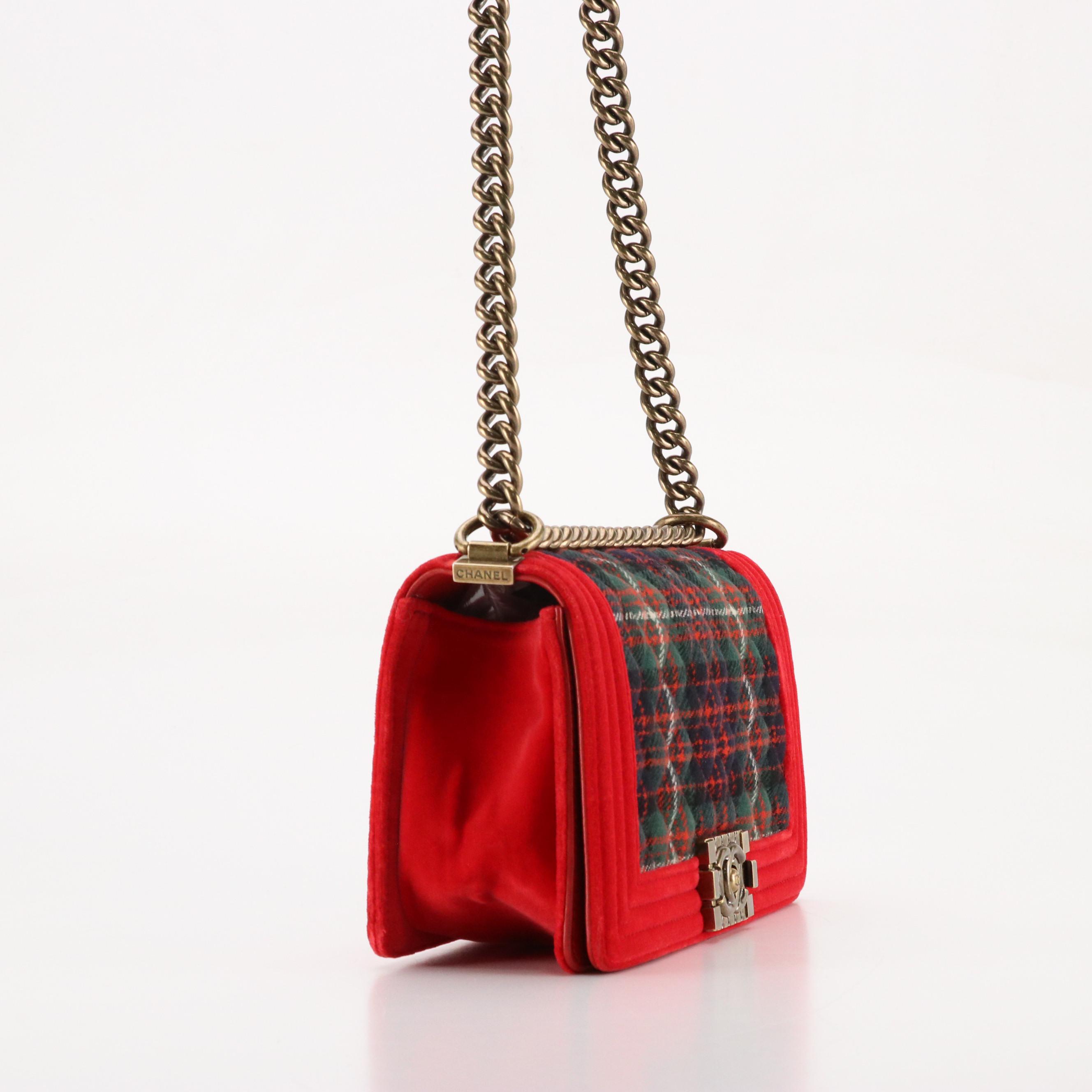 Chanel Boy Flap Shoulder Bag in Quilted Tartan Tweed and Red Velvet