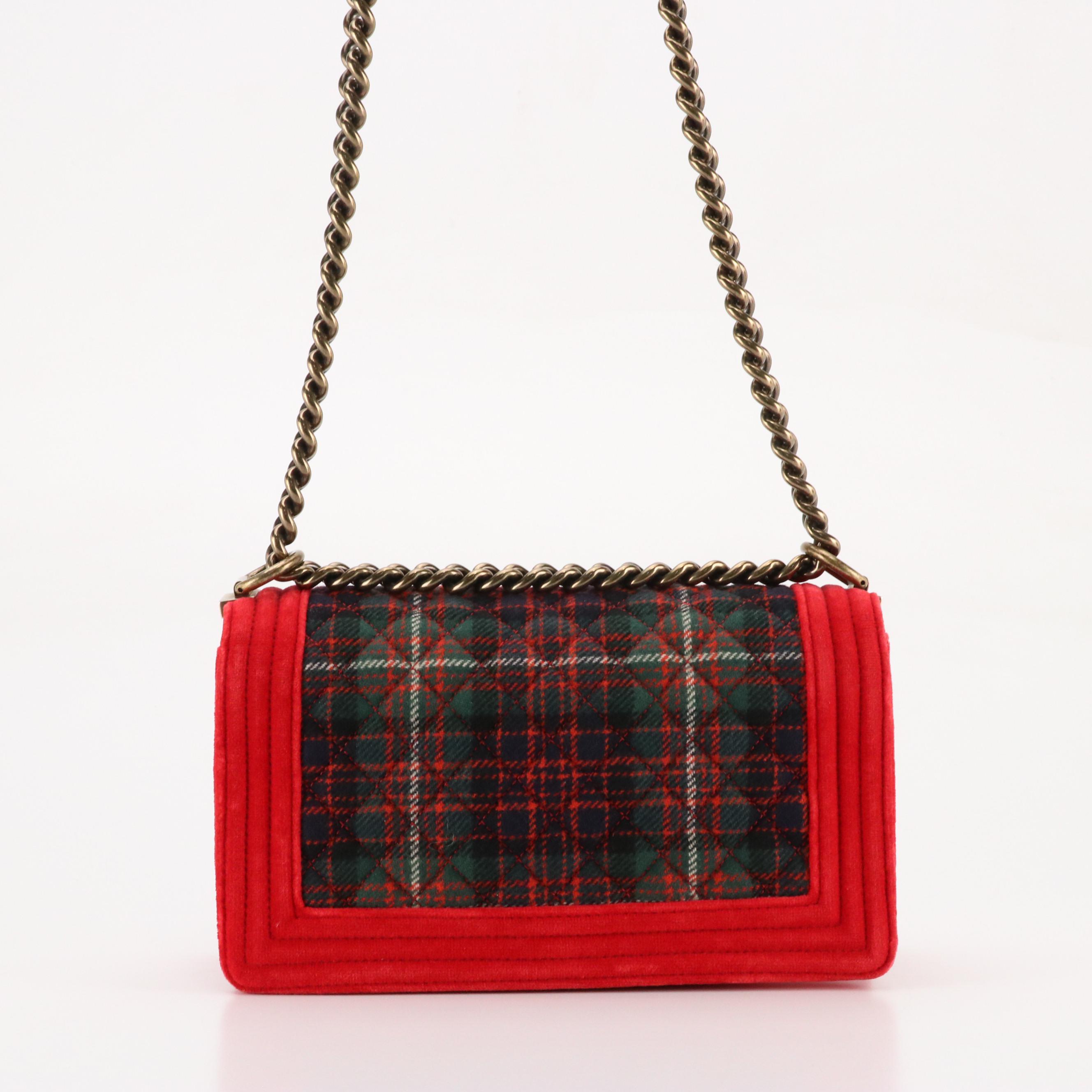 Chanel Boy Flap Shoulder Bag in Quilted Tartan Tweed and Red Velvet