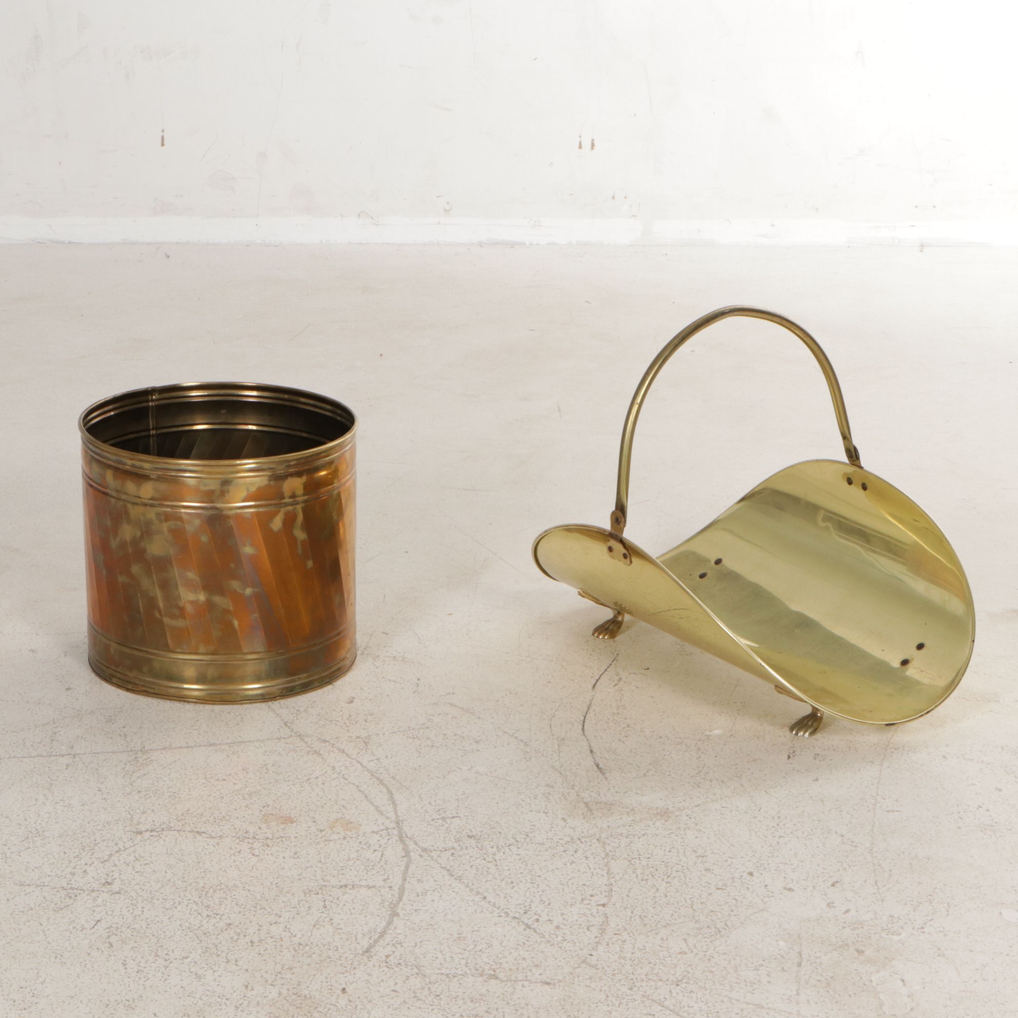 Footed Brass Firewood Holder with Brass Kindling Bucket