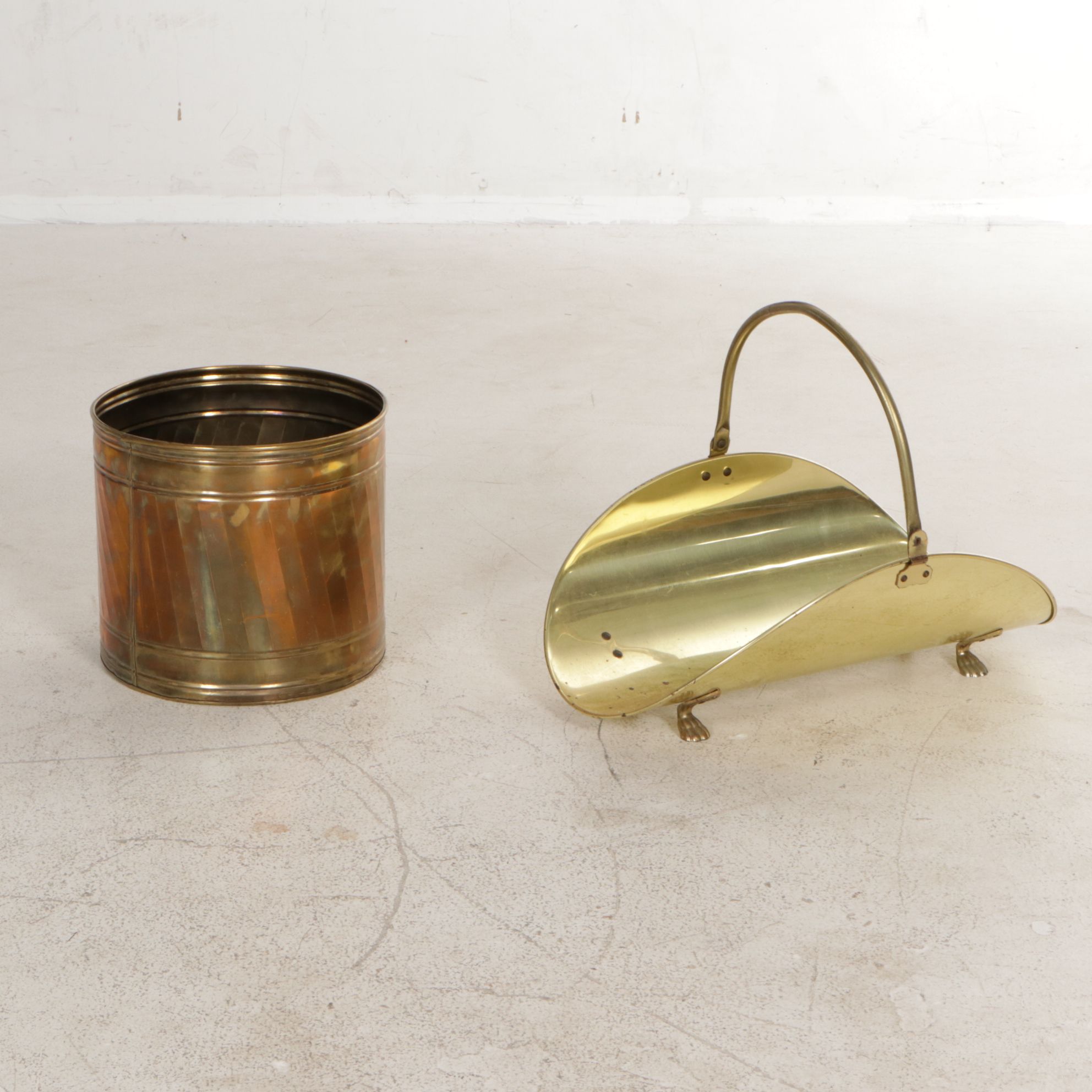 Footed Brass Firewood Holder with Brass Kindling Bucket