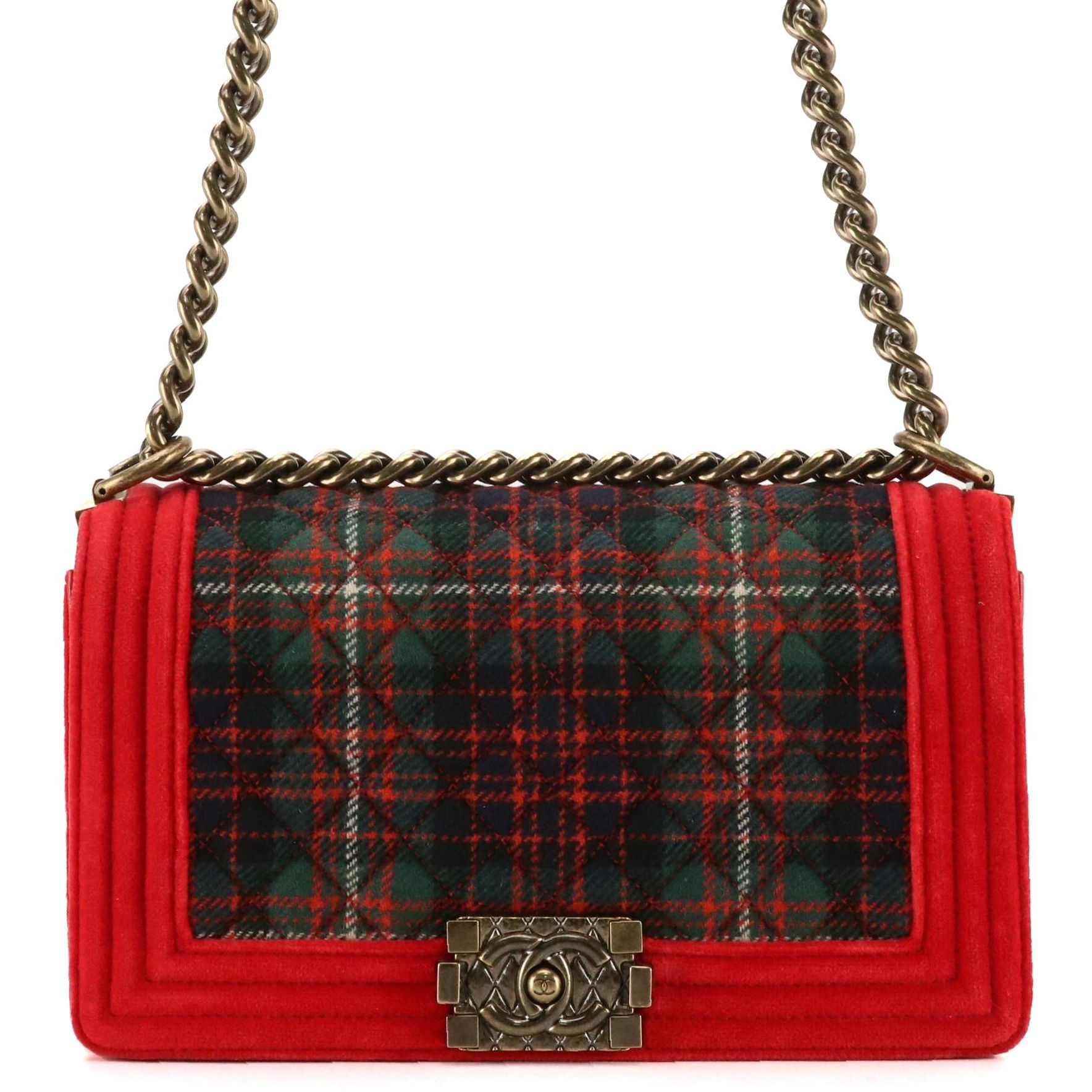 Chanel Boy Flap Shoulder Bag in Quilted Tartan Tweed and Red Velvet