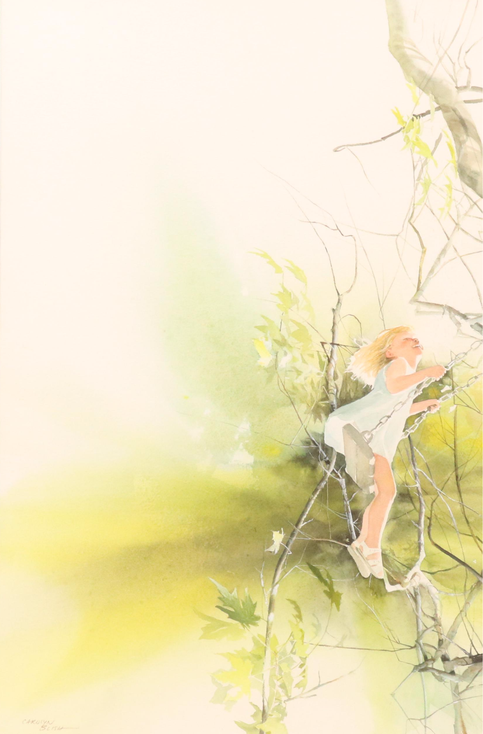 Carolyn Blish Watercolor Painting of Girl on Tree Swing, Late 20th Century