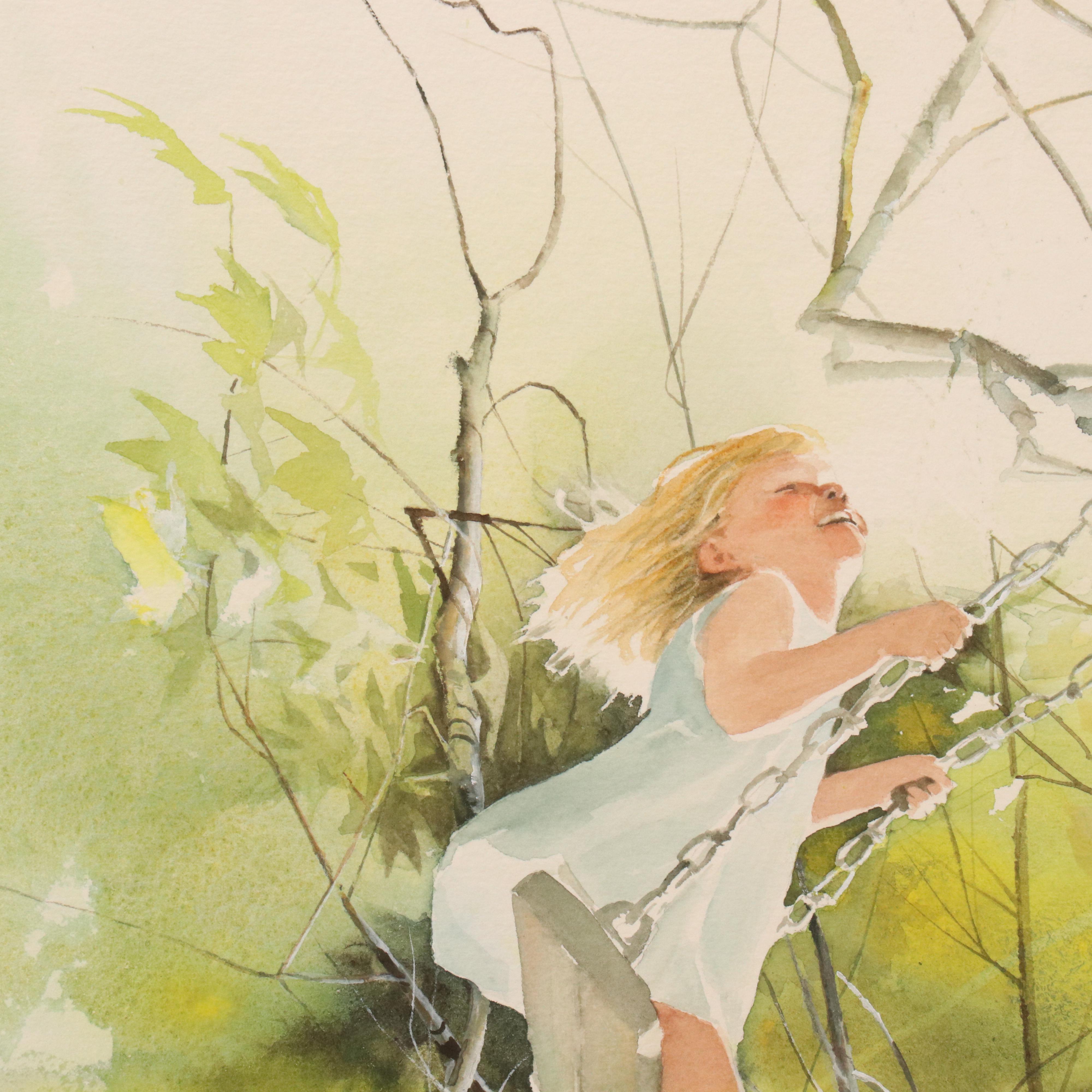 Carolyn Blish Watercolor Painting of Girl on Tree Swing, Late 20th Century