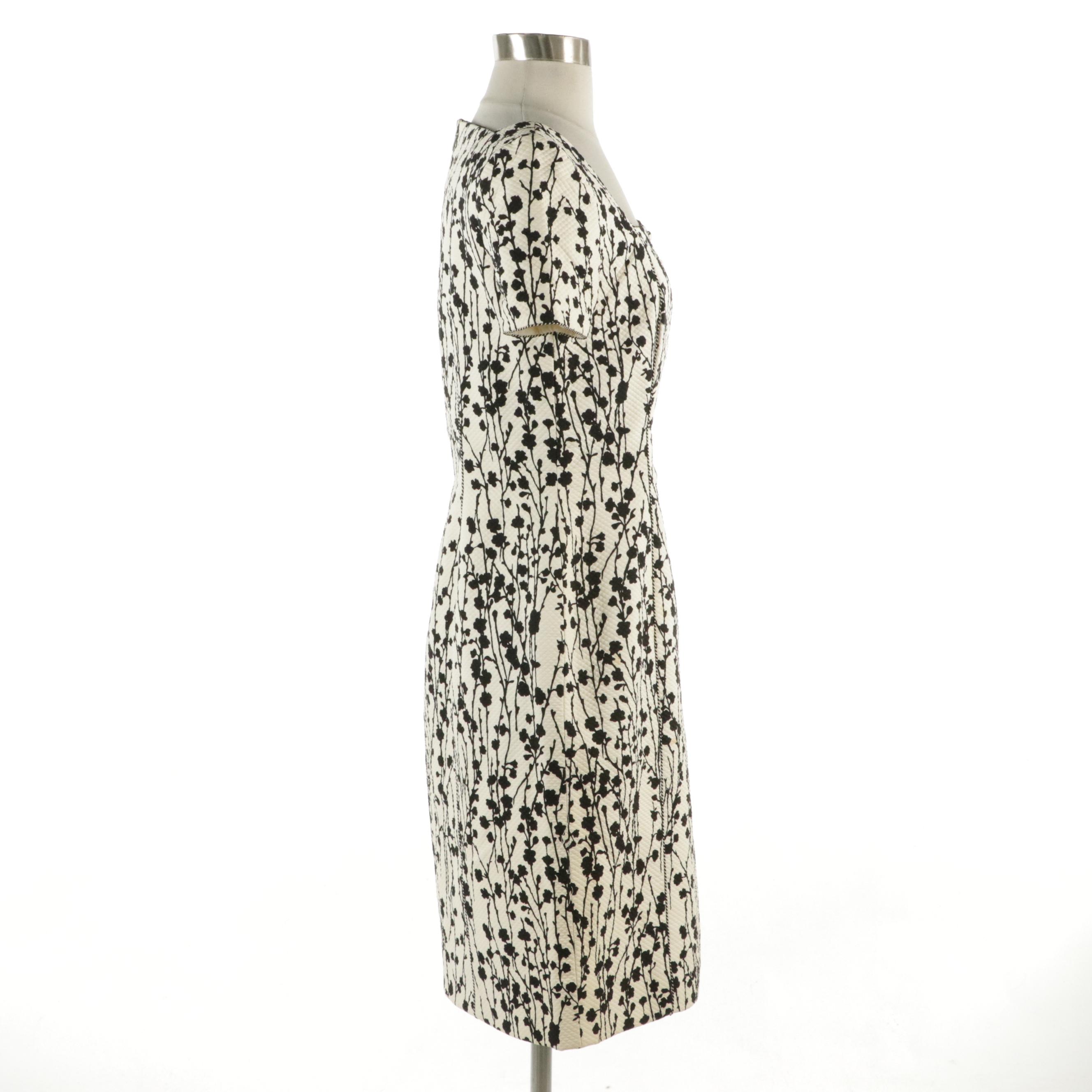 Carolina Herrera Short Sleeve Square-Neck Dress in B&W Floral Cotton Blend