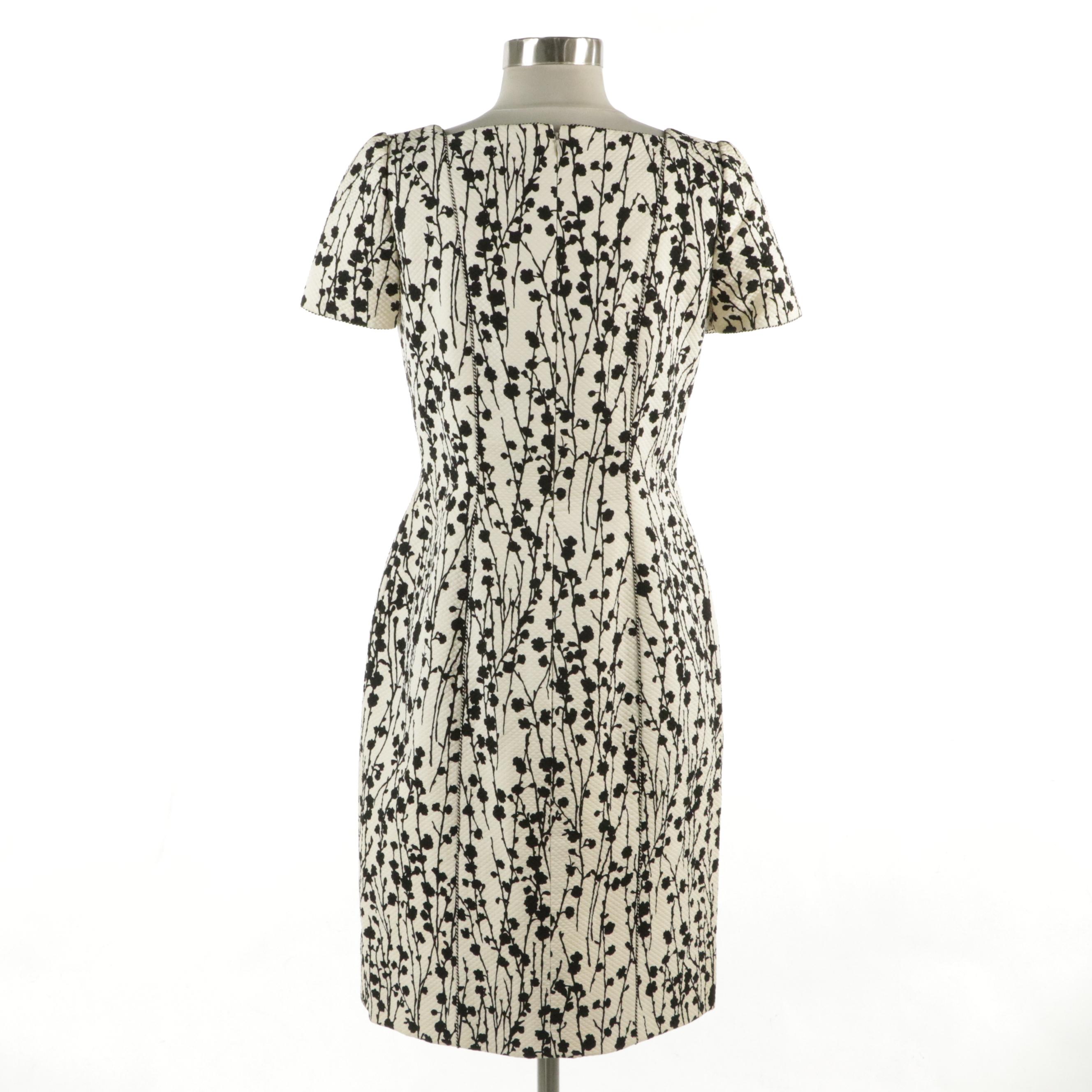 Carolina Herrera Short Sleeve Square-Neck Dress in B&W Floral Cotton Blend