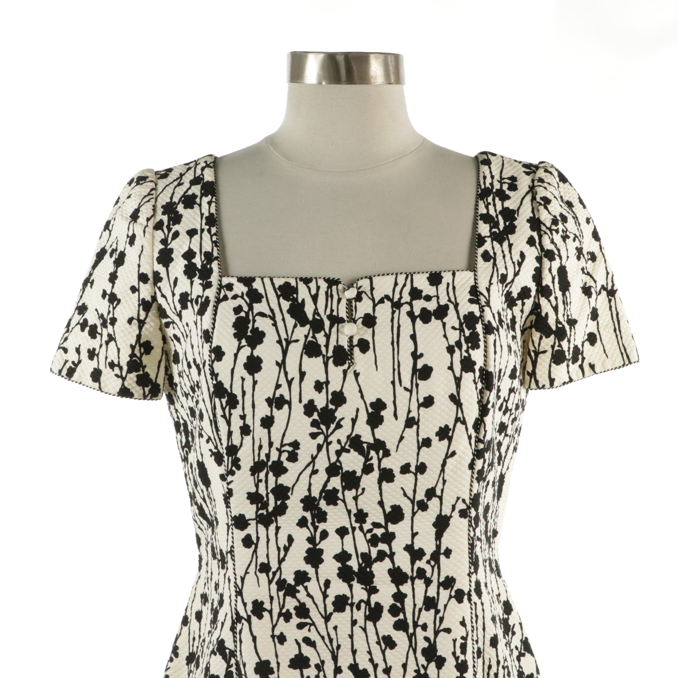 Carolina Herrera Short Sleeve Square-Neck Dress in B&W Floral Cotton Blend