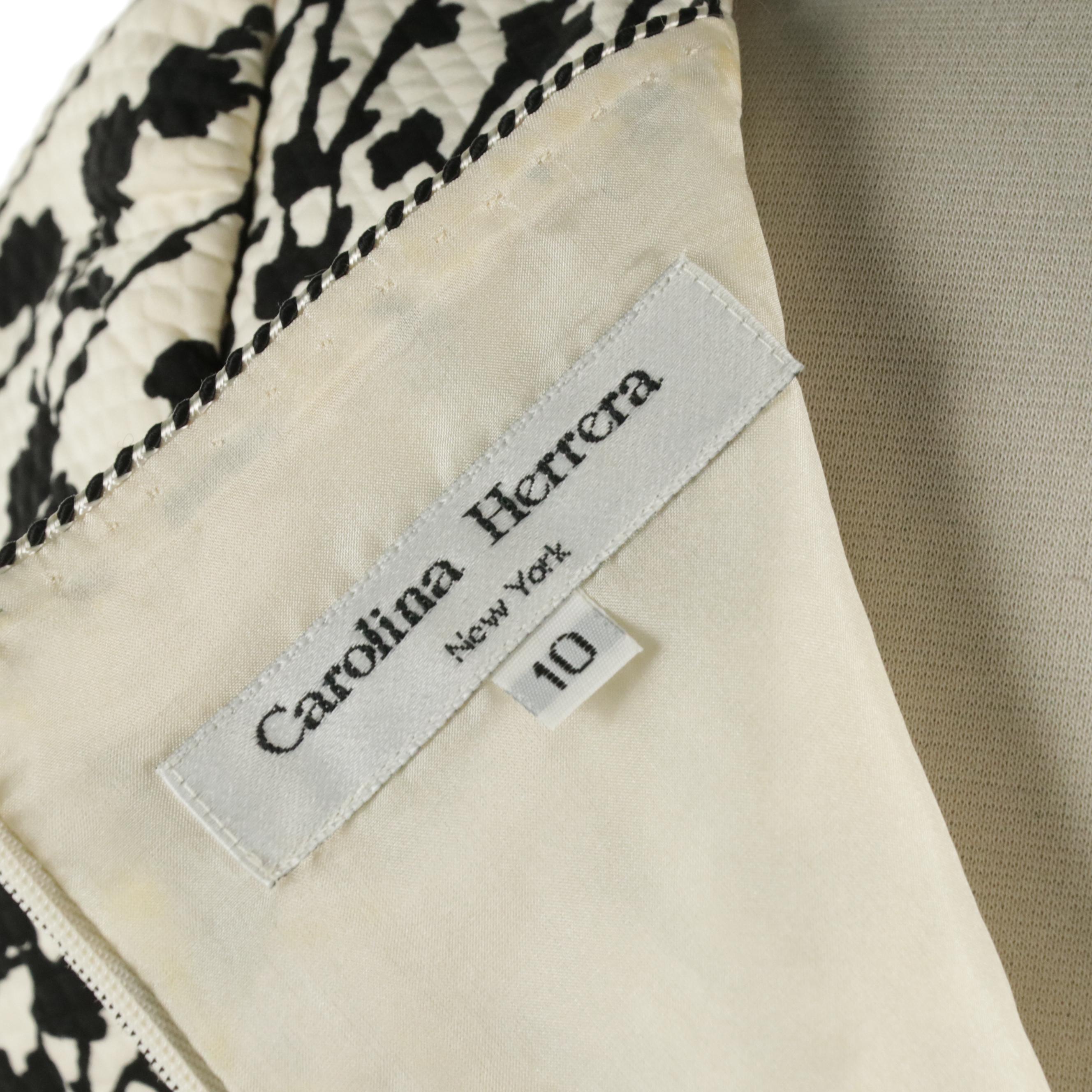 Carolina Herrera Short Sleeve Square-Neck Dress in B&W Floral Cotton Blend