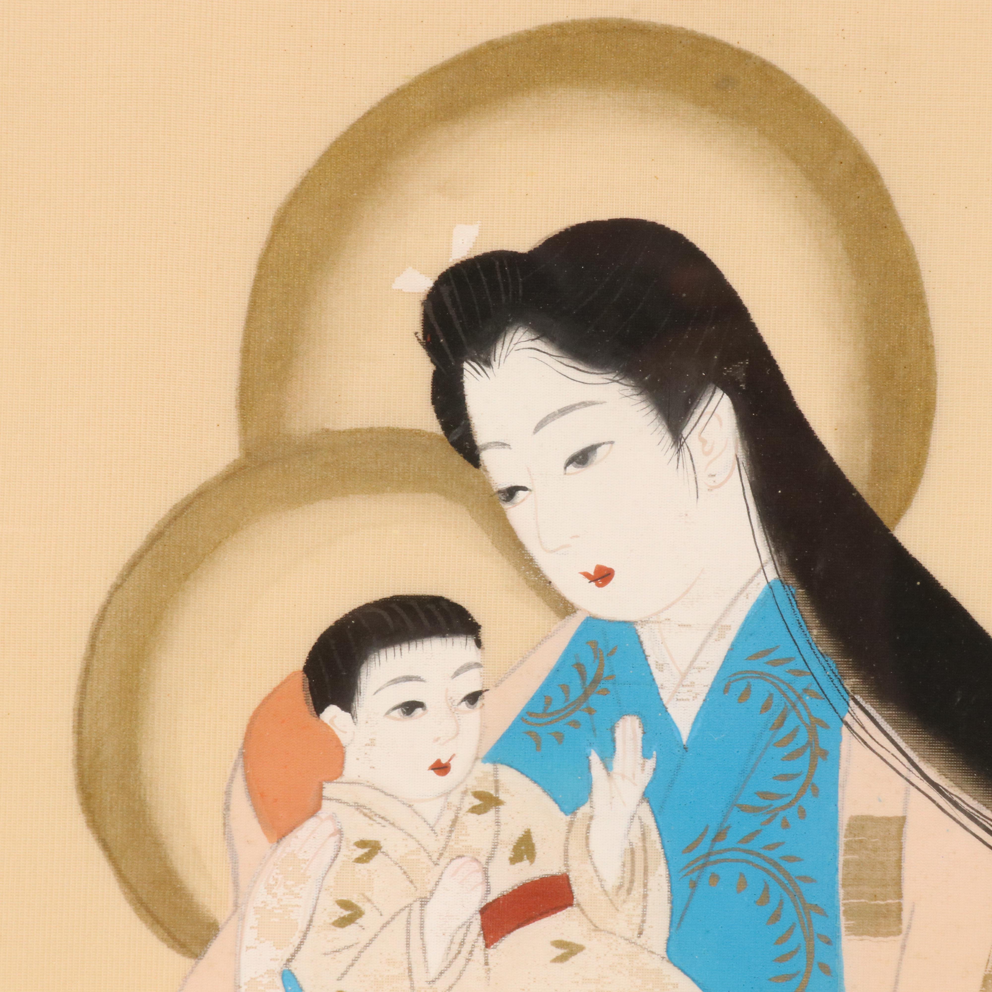 Japanese School Gouache Painting on Silk of Mother and Child with Blossoms