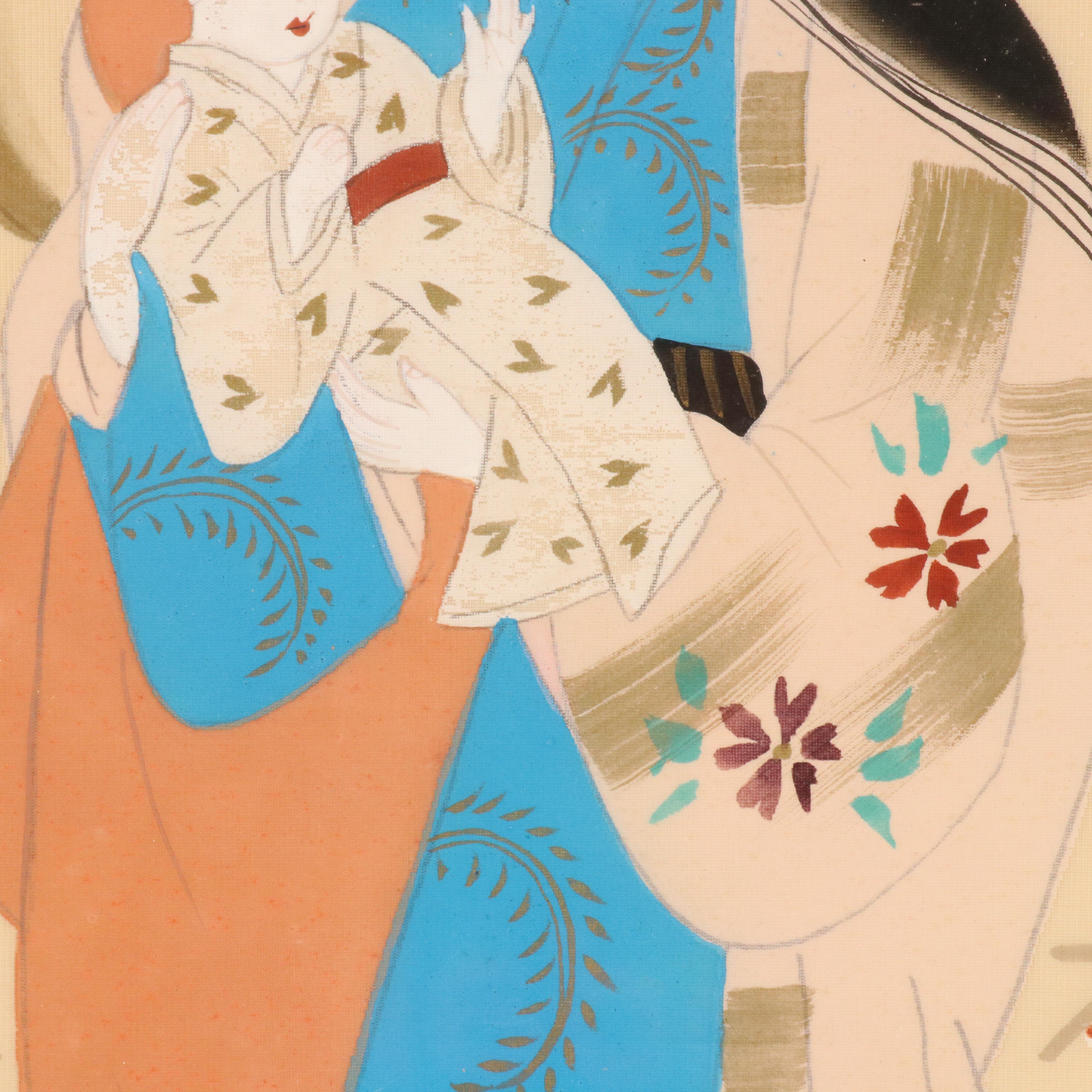 Japanese School Gouache Painting on Silk of Mother and Child with Blossoms