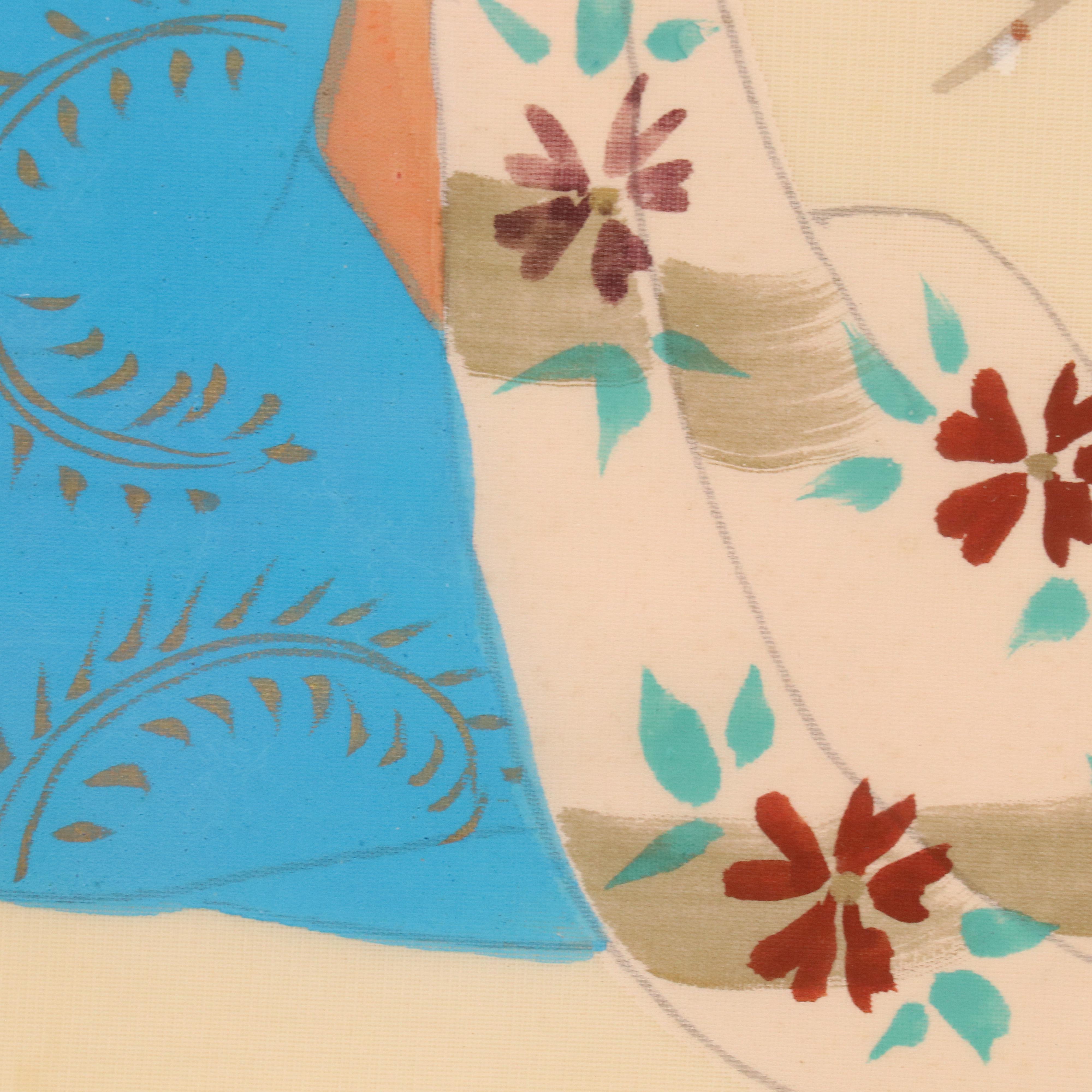 Japanese School Gouache Painting on Silk of Mother and Child with Blossoms