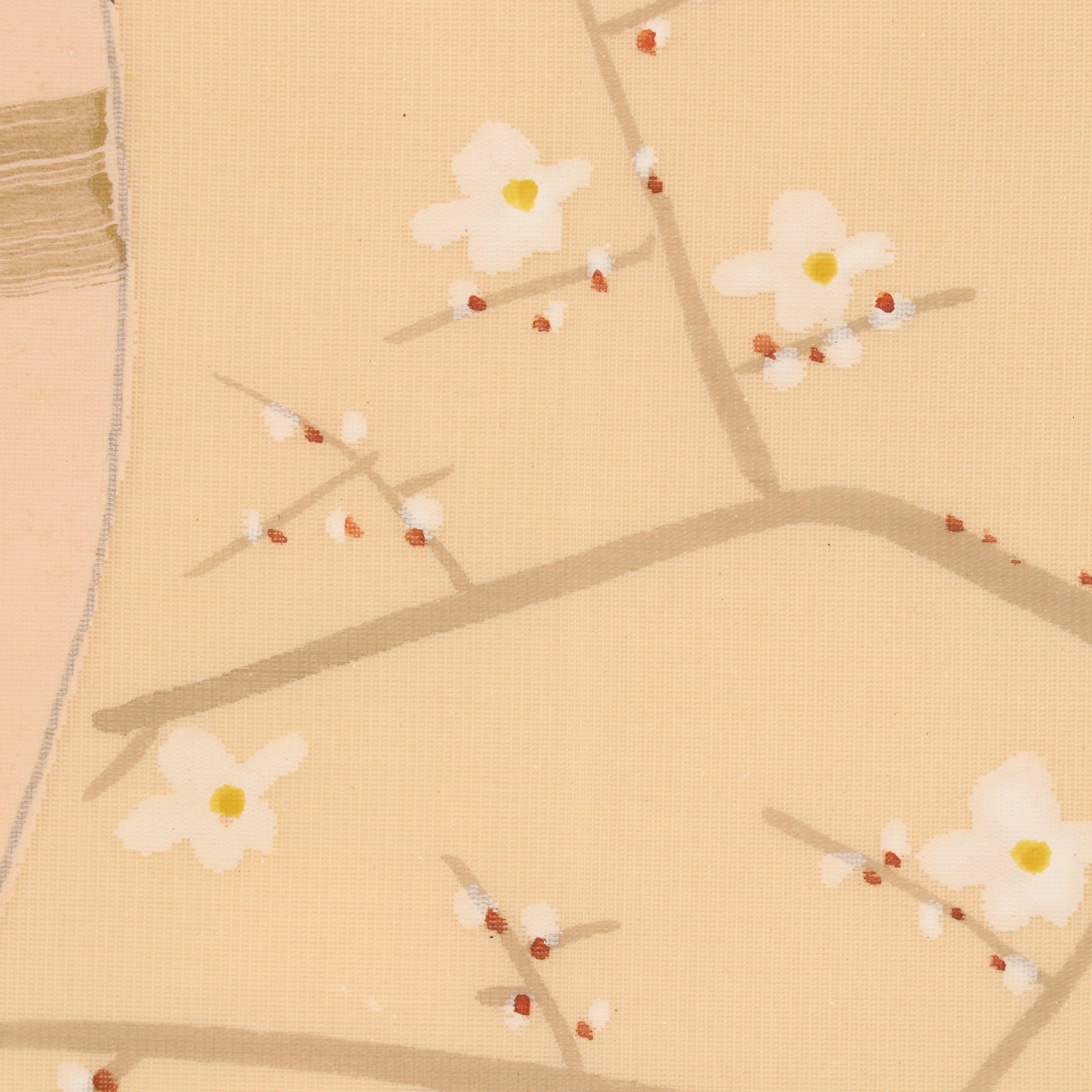 Japanese School Gouache Painting on Silk of Mother and Child with Blossoms