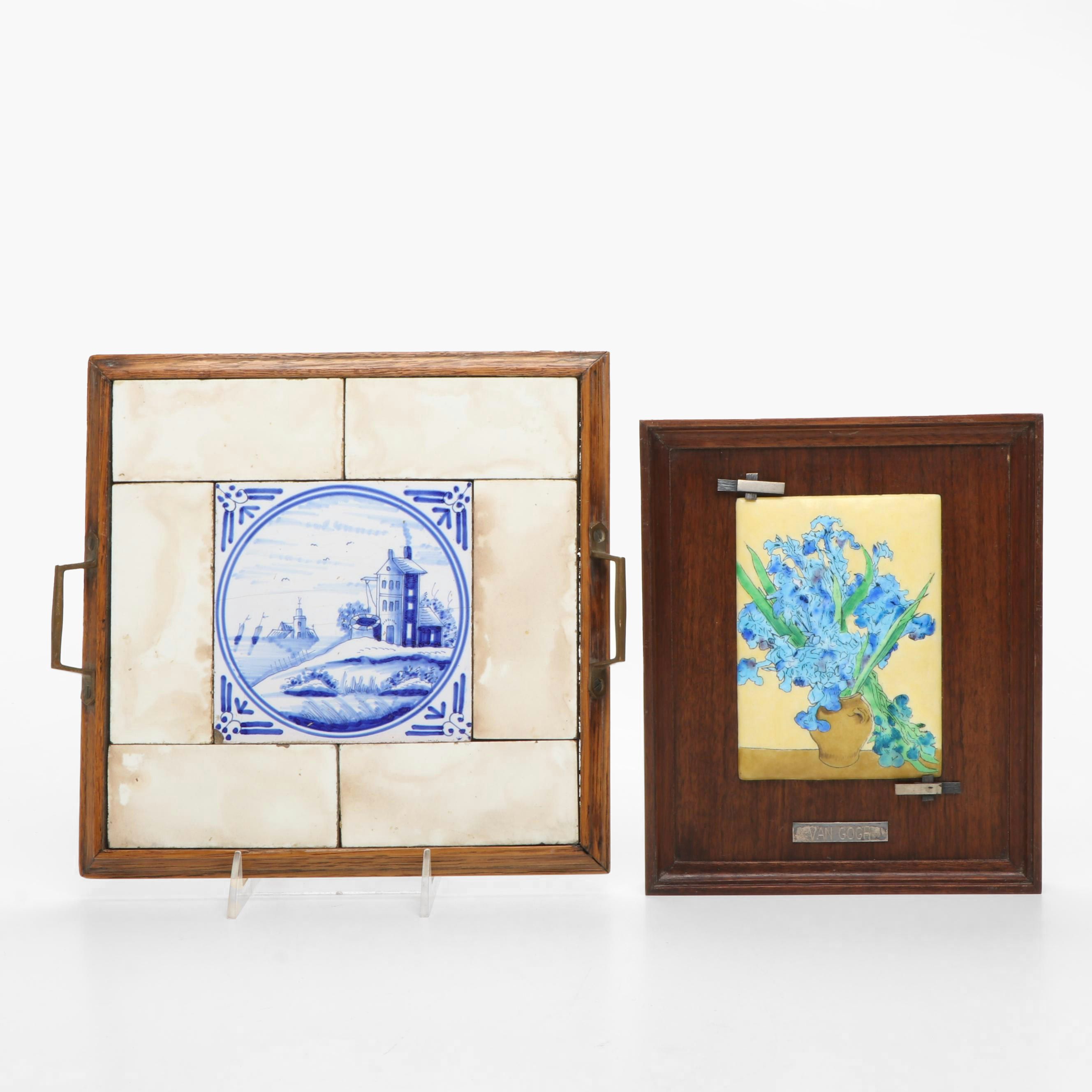 Delft Tile Wood Encased Tray with "Irises" after Van Gogh  Enameled Plaque