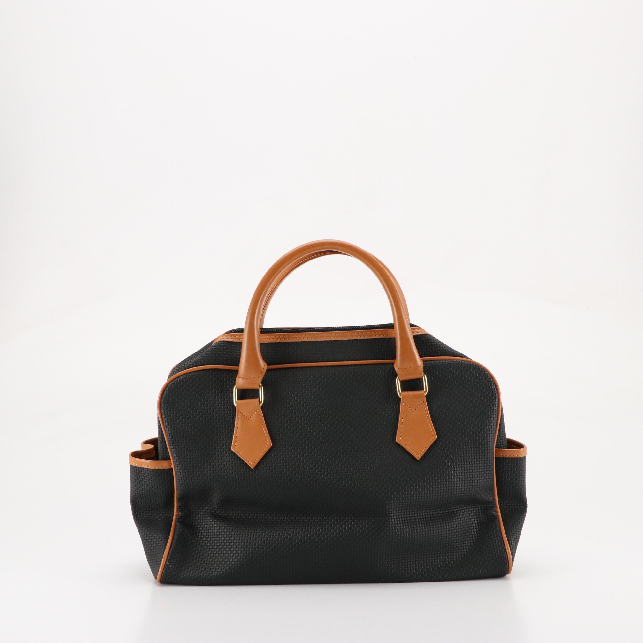 Yves Saint Laurent Boston Handbag in Basket Weave PVC and Brown Leather Trim