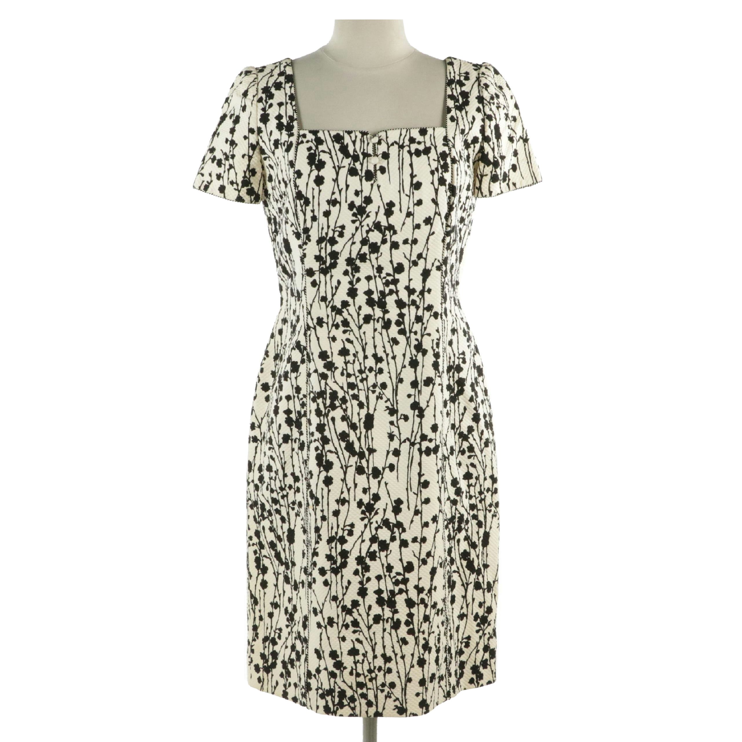 Carolina Herrera Short Sleeve Square-Neck Dress in B&W Floral Cotton Blend