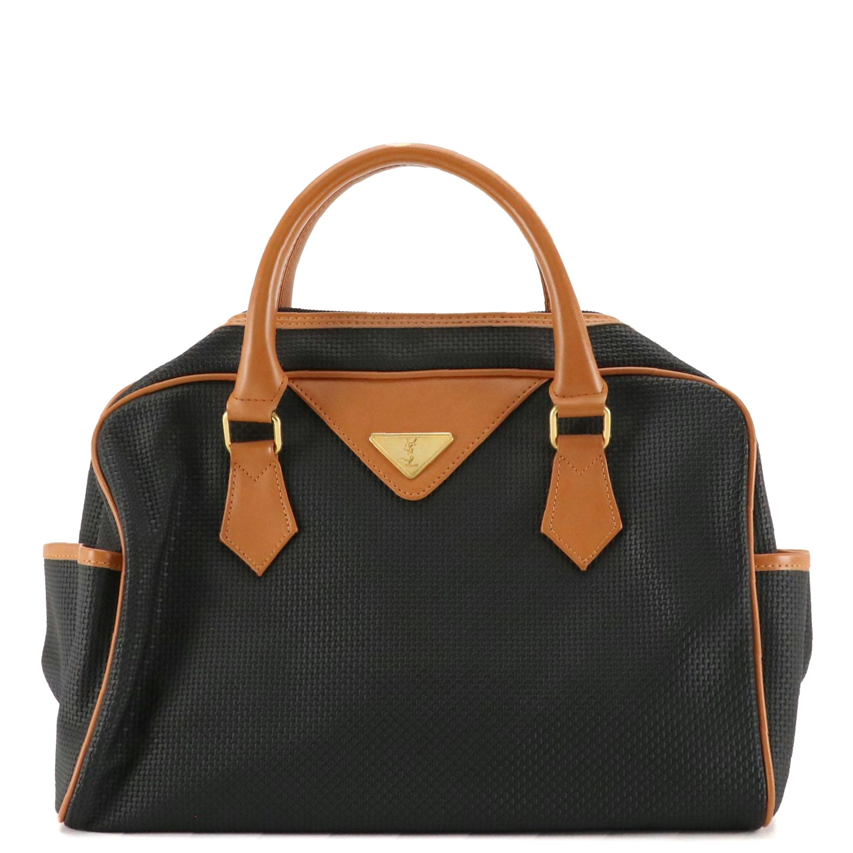 Yves Saint Laurent Boston Handbag in Basket Weave PVC and Brown Leather Trim